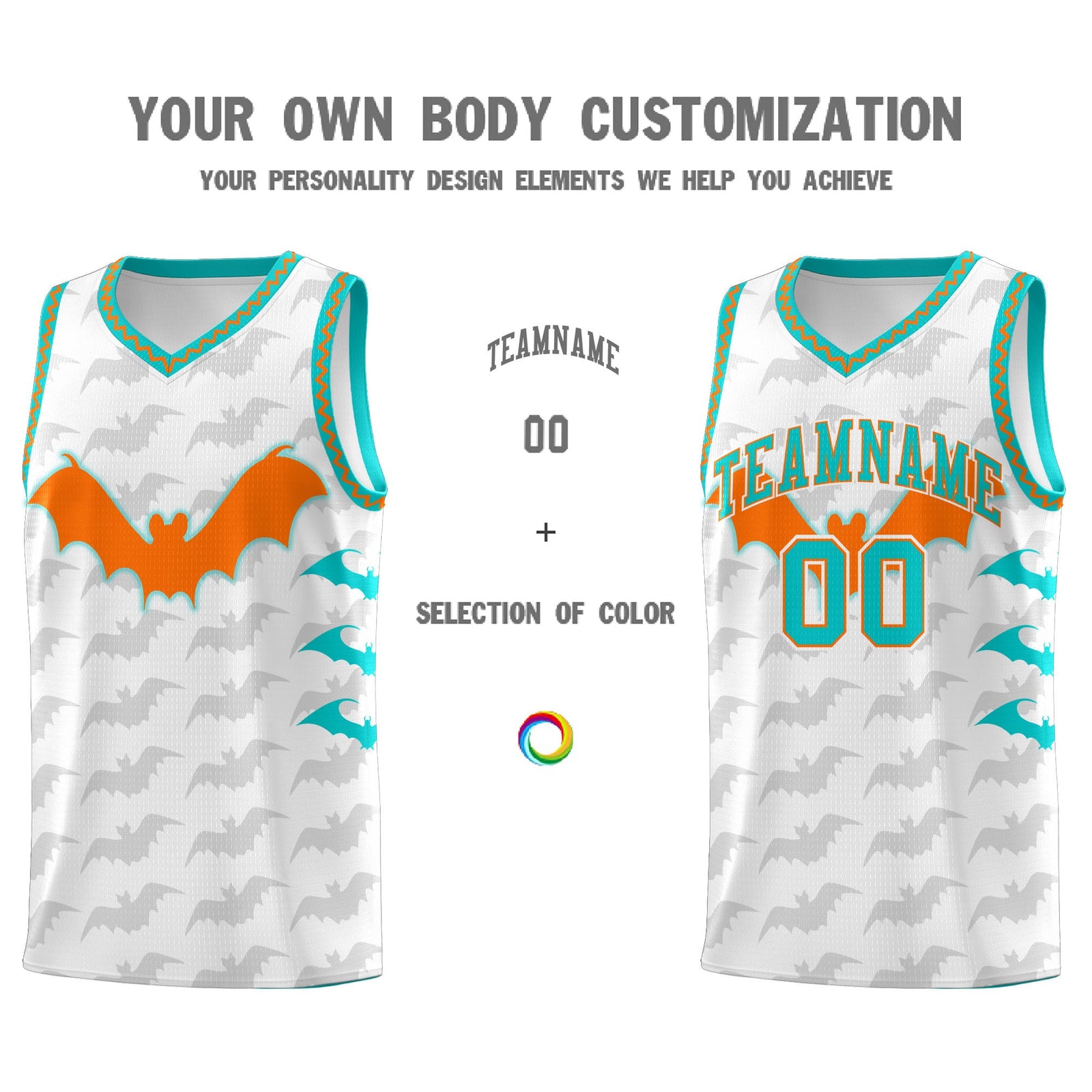 Custom White Orange Aqua Bat Pattern Halloween Basketball Jersey | For Men,For Kid,For Youth,Sublimation Printed,Perfect for Training,Perfect for Parties,Add Name and Numbern | KXKSHOP