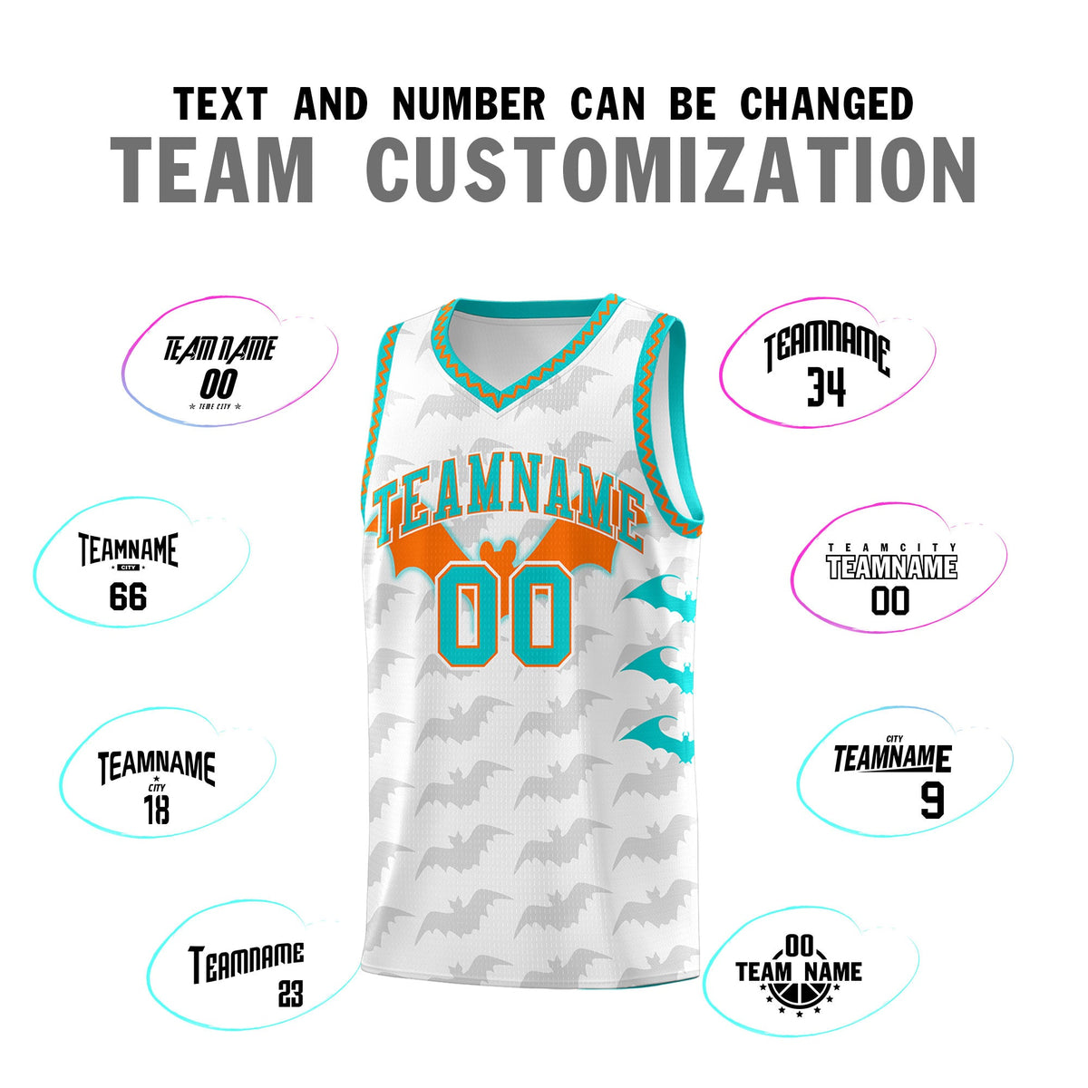 Custom White Orange Aqua Bat Pattern Halloween Basketball Jersey | For Men,For Kid,For Youth,Sublimation Printed,Perfect for Training,Perfect for Parties,Add Name and Numbern | KXKSHOP