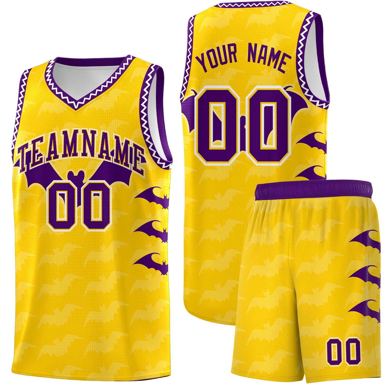 Custom Gold White Purple Bat Pattern Halloween Basketball Jersey | For Men,For Kid,For Youth,Sublimation Printed,Perfect for Training,Perfect for Parties,Add Name and Numbern | KXKSHOP