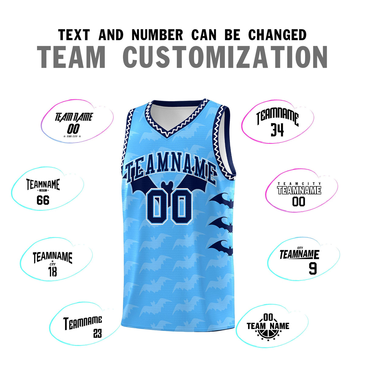 Custom Powder Blue White Bat Pattern Halloween Basketball Jersey | For Men,For Kid,For Youth,Sublimation Printed,Perfect for Training,Perfect for Parties,Add Name and Numbern | KXKSHOP