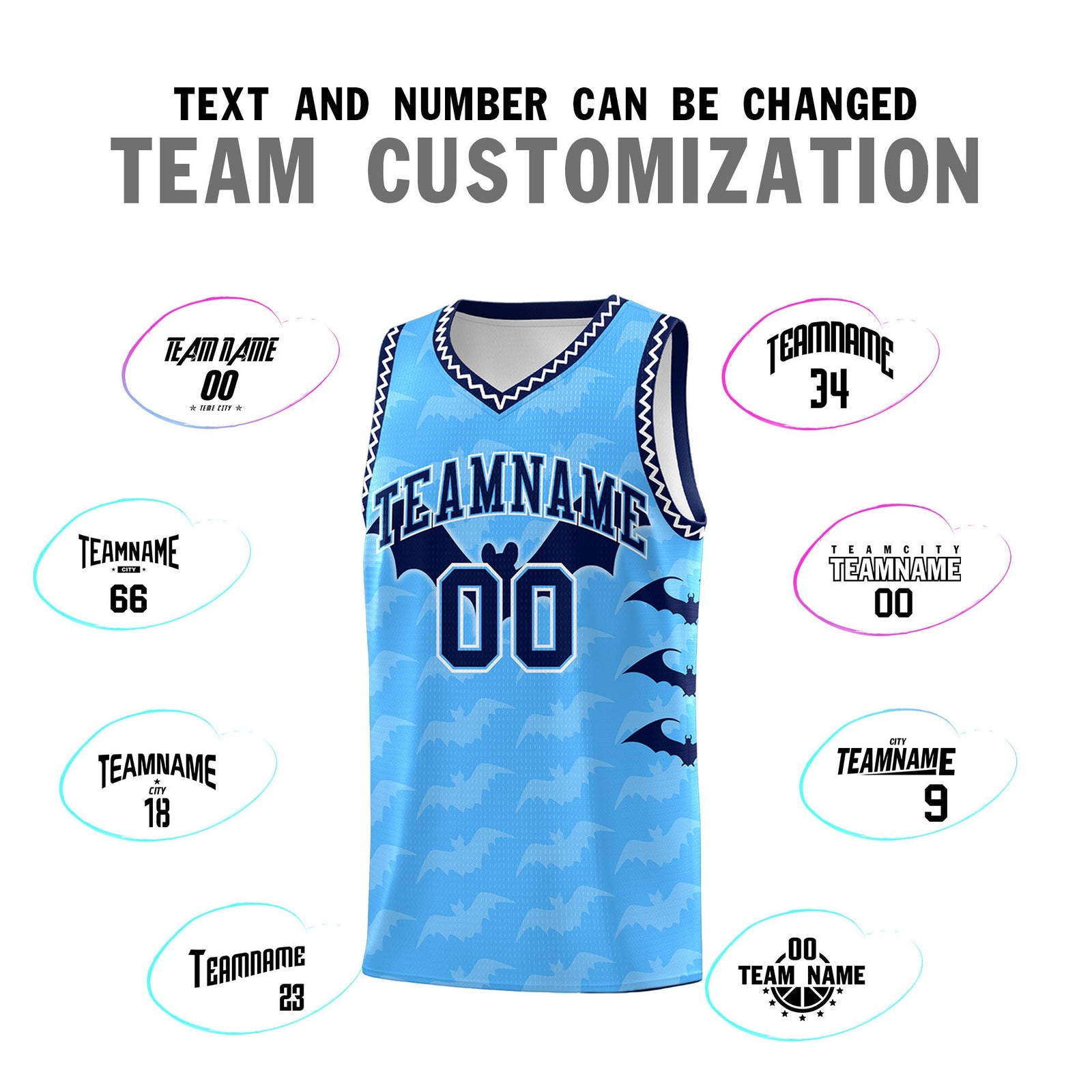 Custom Powder Blue White Bat Pattern Halloween Basketball Jersey | For Men,For Kid,For Youth,Sublimation Printed,Perfect for Training,Perfect for Parties,Add Name and Numbern | KXKSHOP