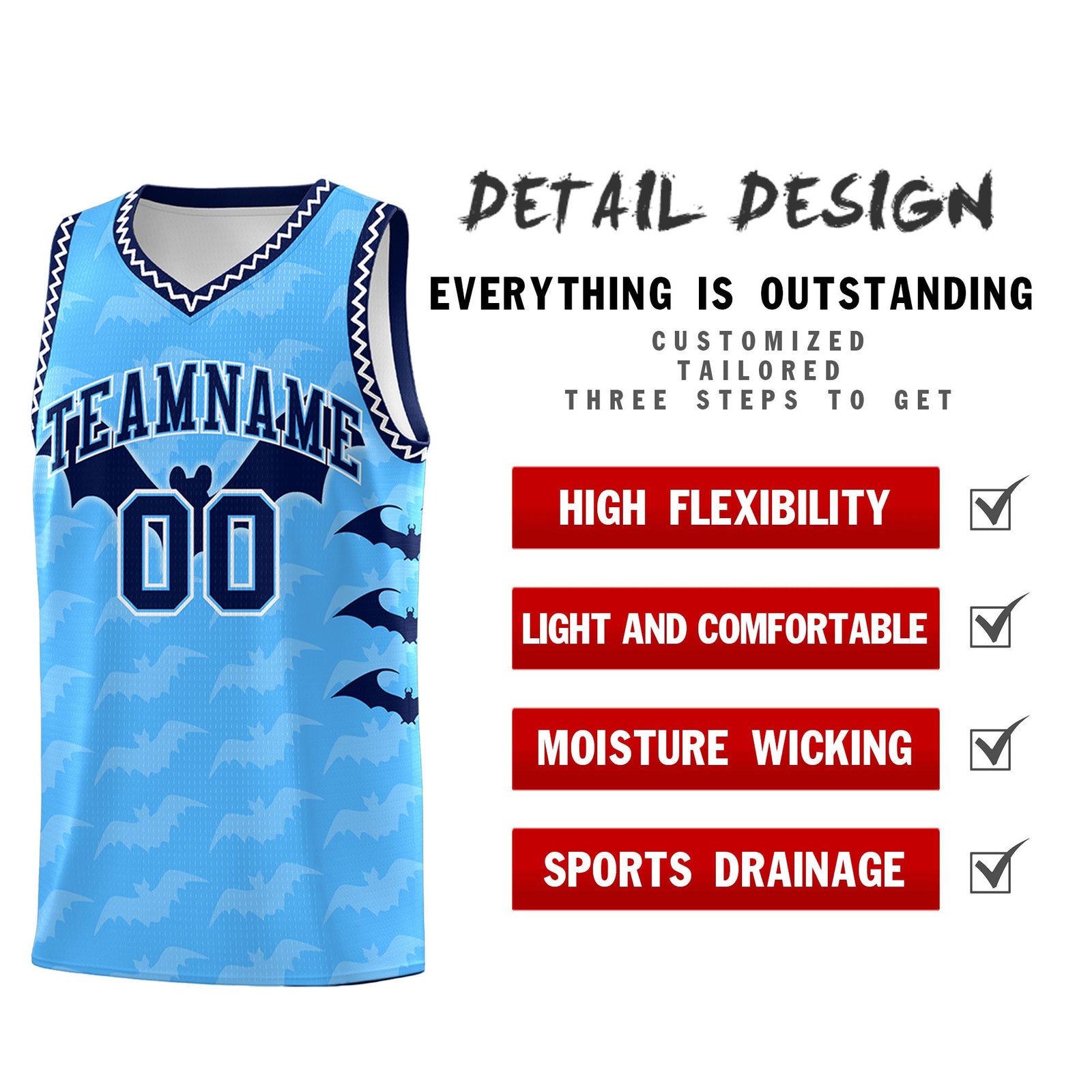 Custom Powder Blue White Bat Pattern Halloween Basketball Jersey | For Men,For Kid,For Youth,Sublimation Printed,Perfect for Training,Perfect for Parties,Add Name and Numbern | KXKSHOP