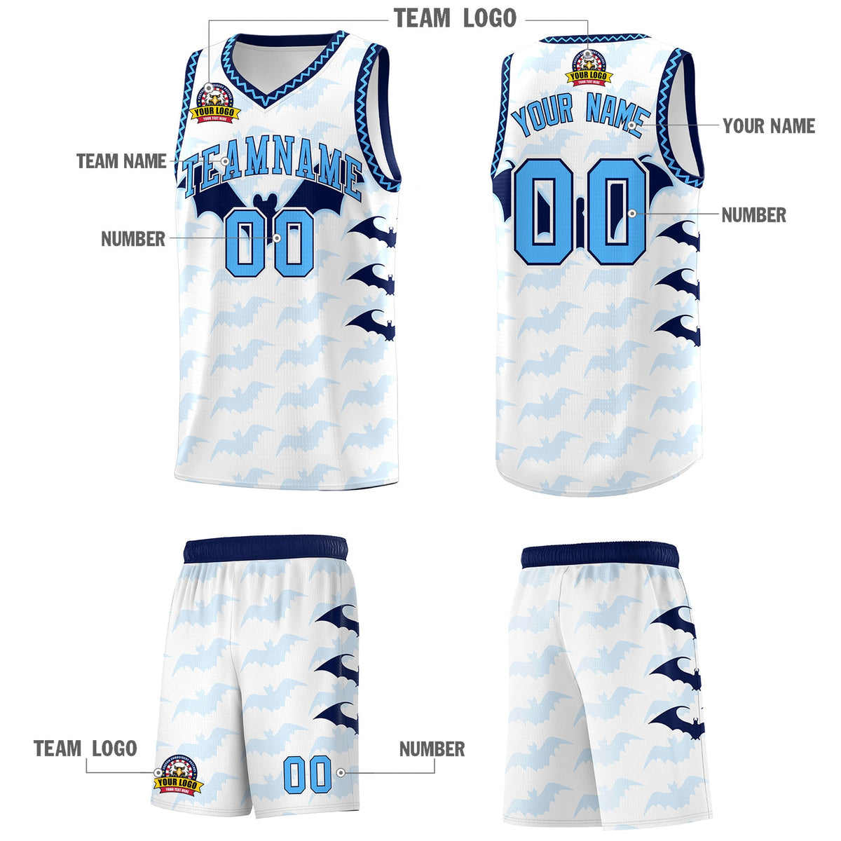 Custom White Powder Blue Bat Pattern Halloween Basketball Jersey | For Men,For Kid,For Youth,Sublimation Printed,Perfect for Training,Perfect for Parties,Add Name and Numbern | KXKSHOP