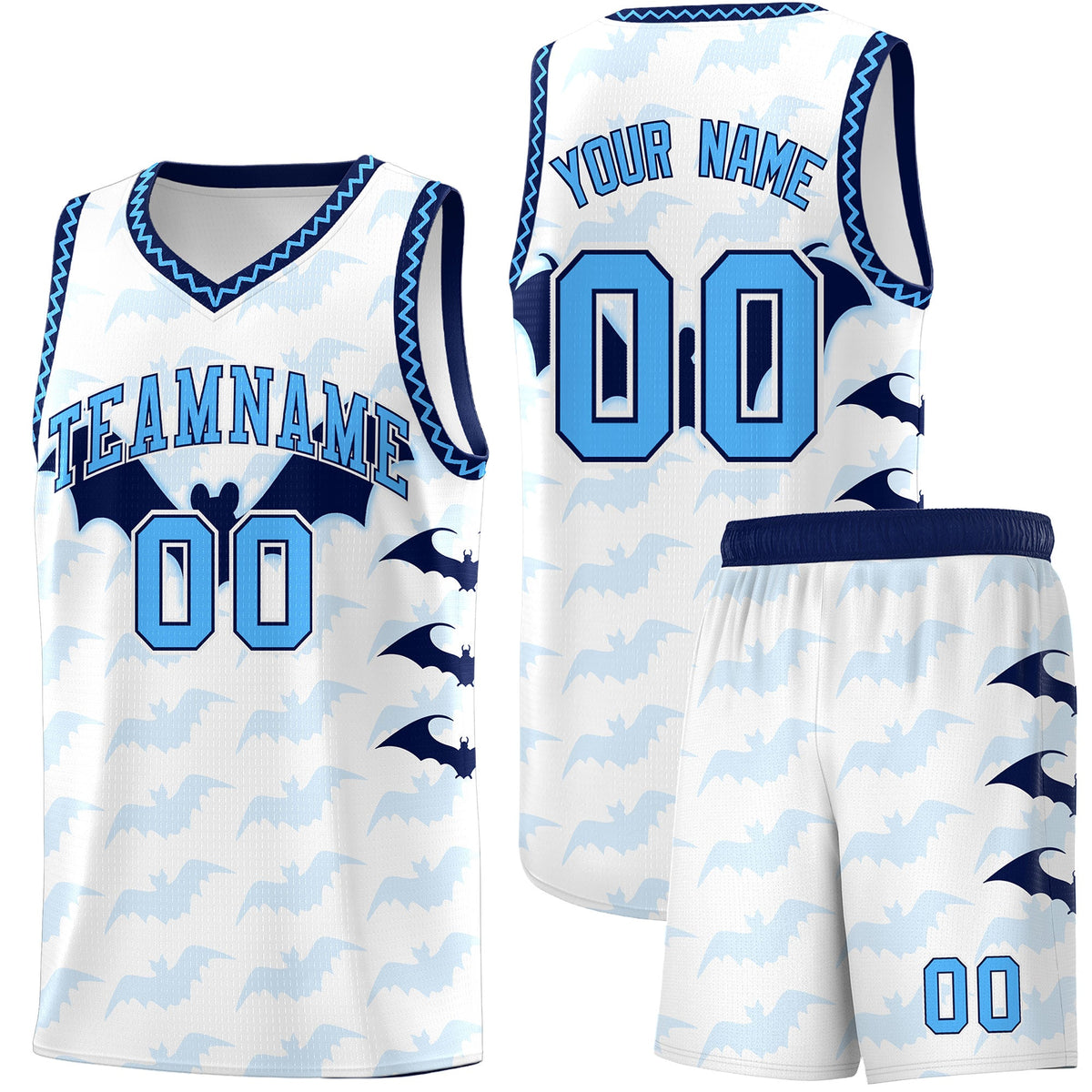 Custom White Powder Blue Bat Pattern Halloween Basketball Jersey | For Men,For Kid,For Youth,Sublimation Printed,Perfect for Training,Perfect for Parties,Add Name and Numbern | KXKSHOP