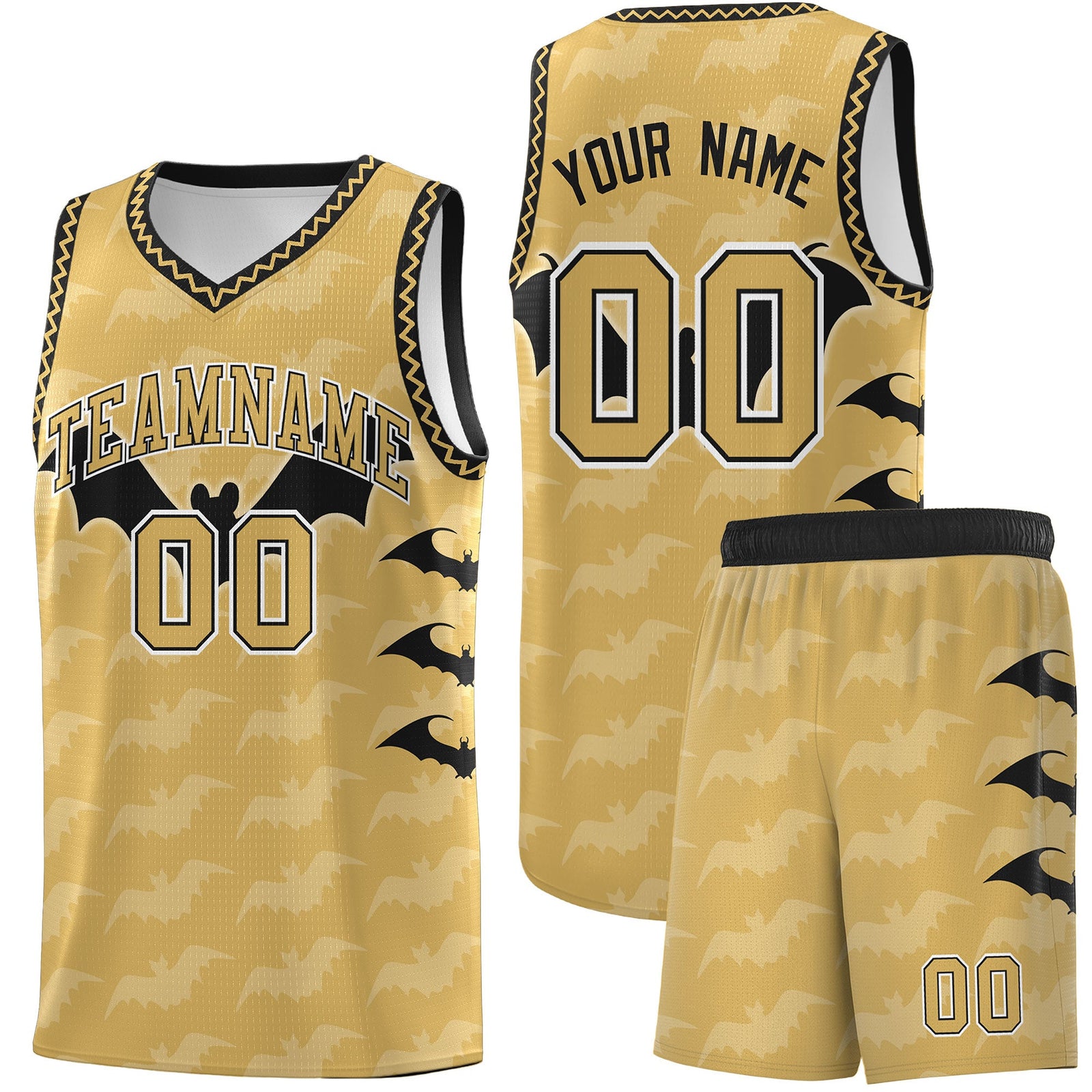 Custom Old Gold Black White Bat Pattern Halloween Basketball Jersey | For Men,For Kid,For Youth,Sublimation Printed,Perfect for Training,Perfect for Parties,Add Name and Numbern | KXKSHOP