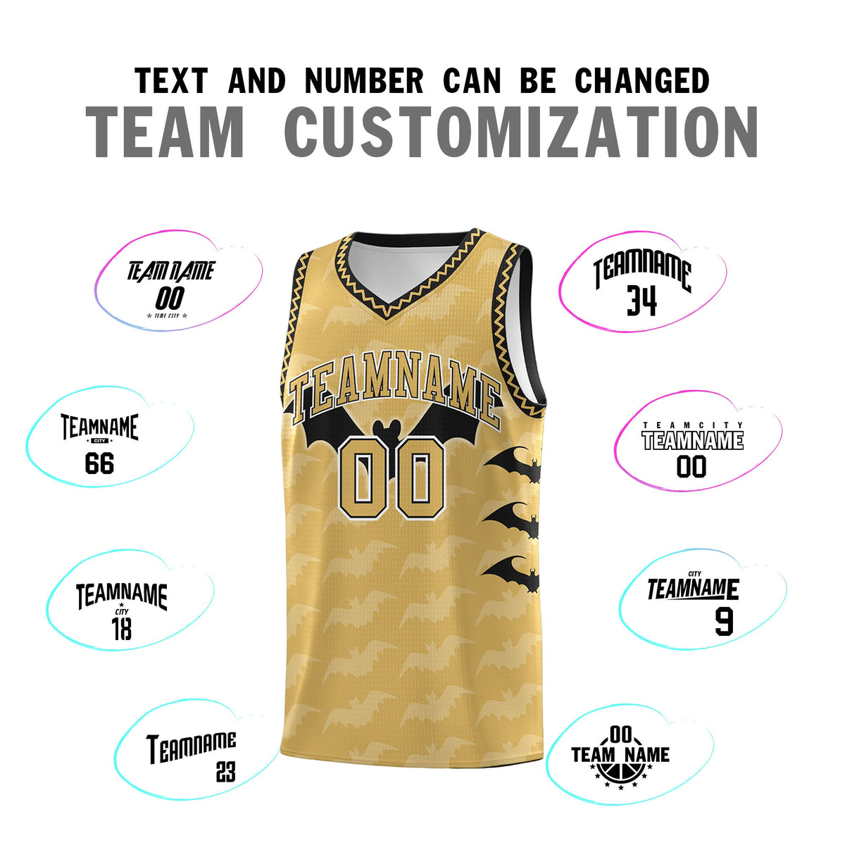 Custom Old Gold Black White Bat Pattern Halloween Basketball Jersey | For Men,For Kid,For Youth,Sublimation Printed,Perfect for Training,Perfect for Parties,Add Name and Numbern | KXKSHOP