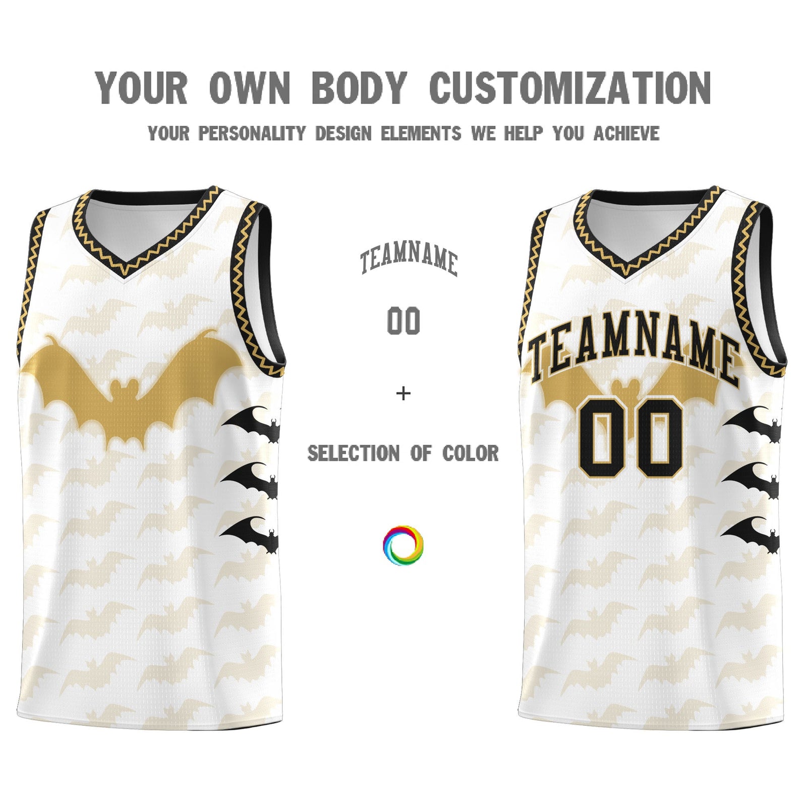 Custom White Old Gold Bat Pattern Halloween Basketball Jersey | For Men,For Kid,For Youth,Sublimation Printed,Perfect for Training,Perfect for Parties,Add Name and Numbern | KXKSHOP