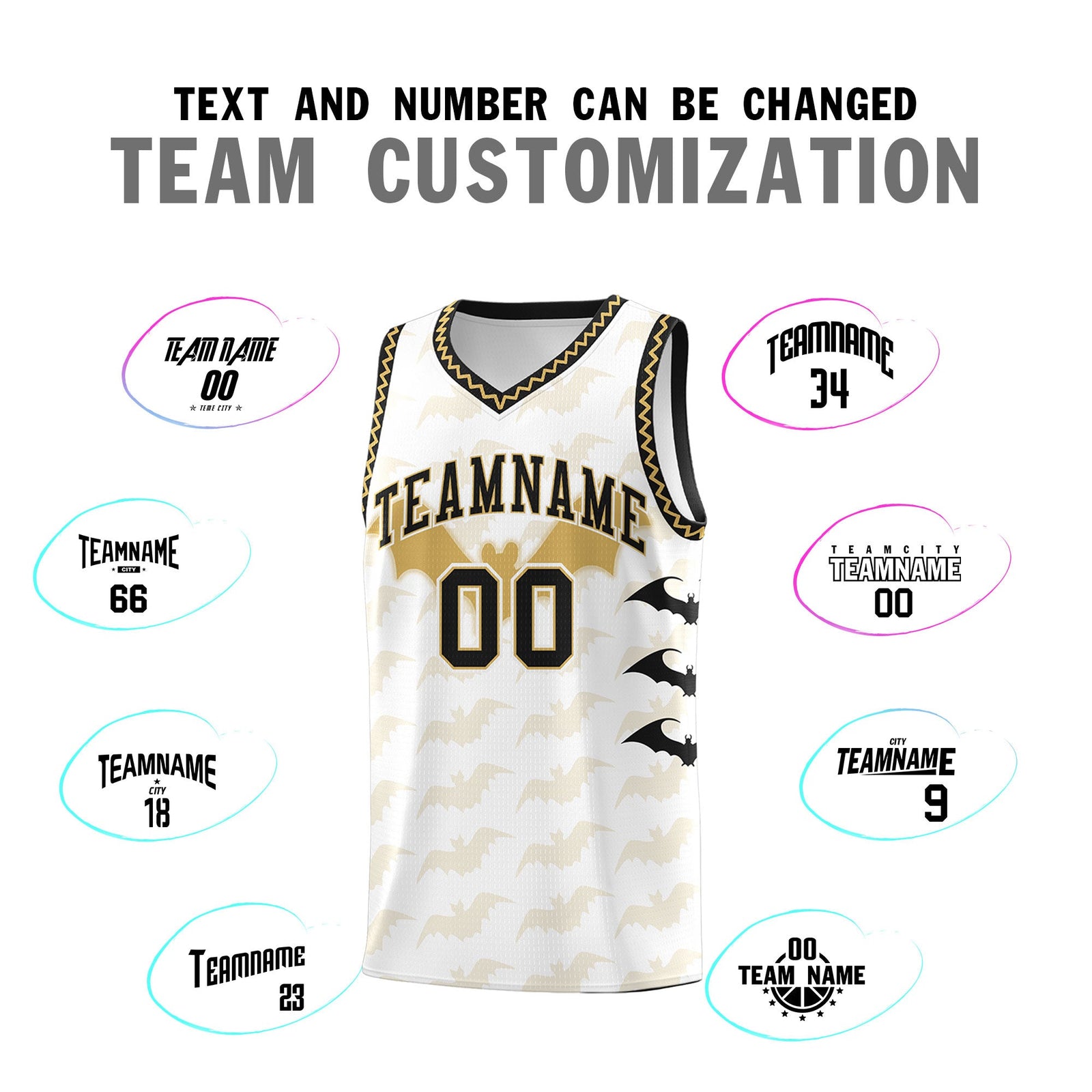 Custom White Old Gold Bat Pattern Halloween Basketball Jersey | For Men,For Kid,For Youth,Sublimation Printed,Perfect for Training,Perfect for Parties,Add Name and Numbern | KXKSHOP