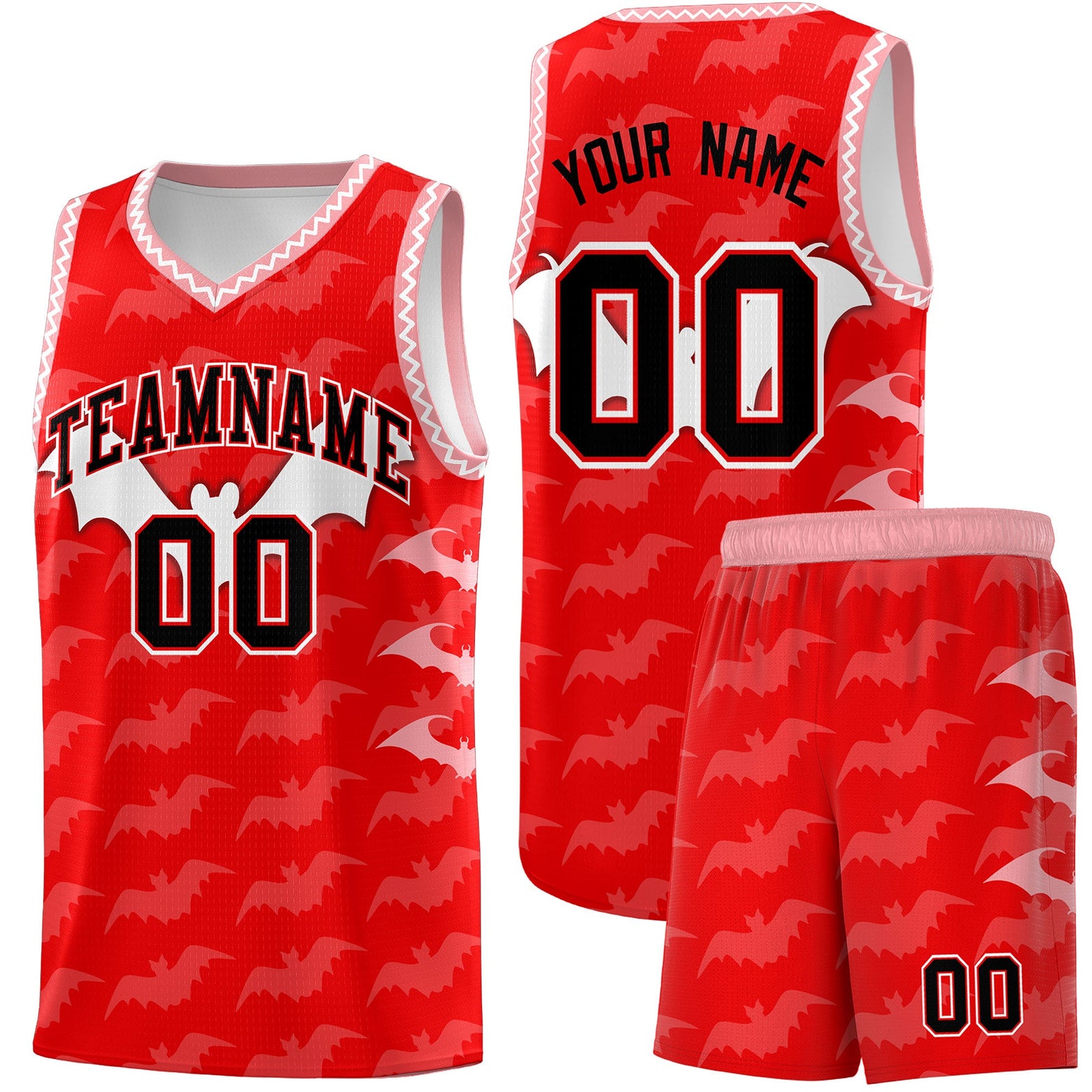 Custom Light Red White Bat Pattern Halloween Basketball Jersey | For Men,For Kid,For Youth,Sublimation Printed,Perfect for Training,Perfect for Parties,Add Name and Numbern | KXKSHOP