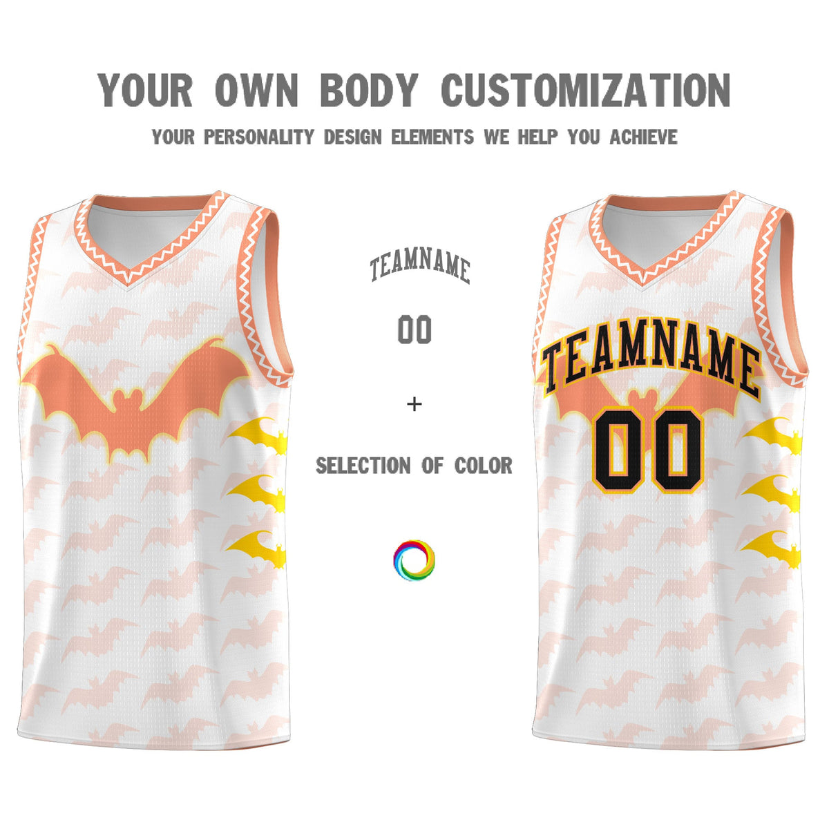 Custom White Gold Light Orange Bat Pattern Halloween Basketball Jersey | For Men,For Kid,For Youth,Sublimation Printed,Perfect for Training,Perfect for Parties,Add Name and Numbern | KXKSHOP