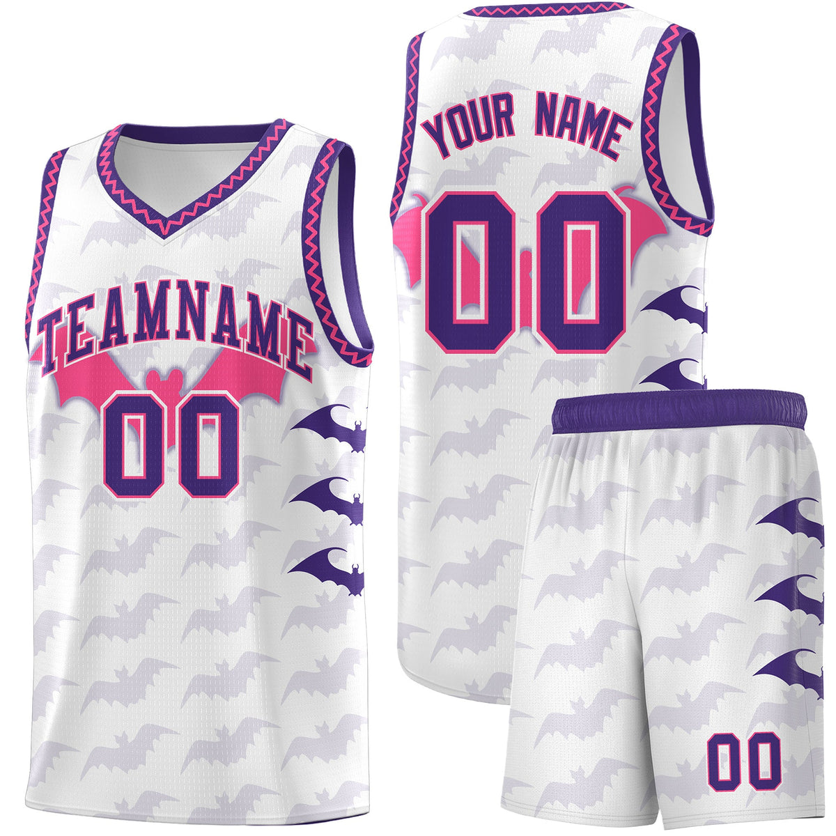 Custom White Pink Purple Bat Pattern Halloween Basketball Jersey | For Men,For Kid,For Youth,Sublimation Printed,Perfect for Training,Perfect for Parties,Add Name and Numbern | KXKSHOP