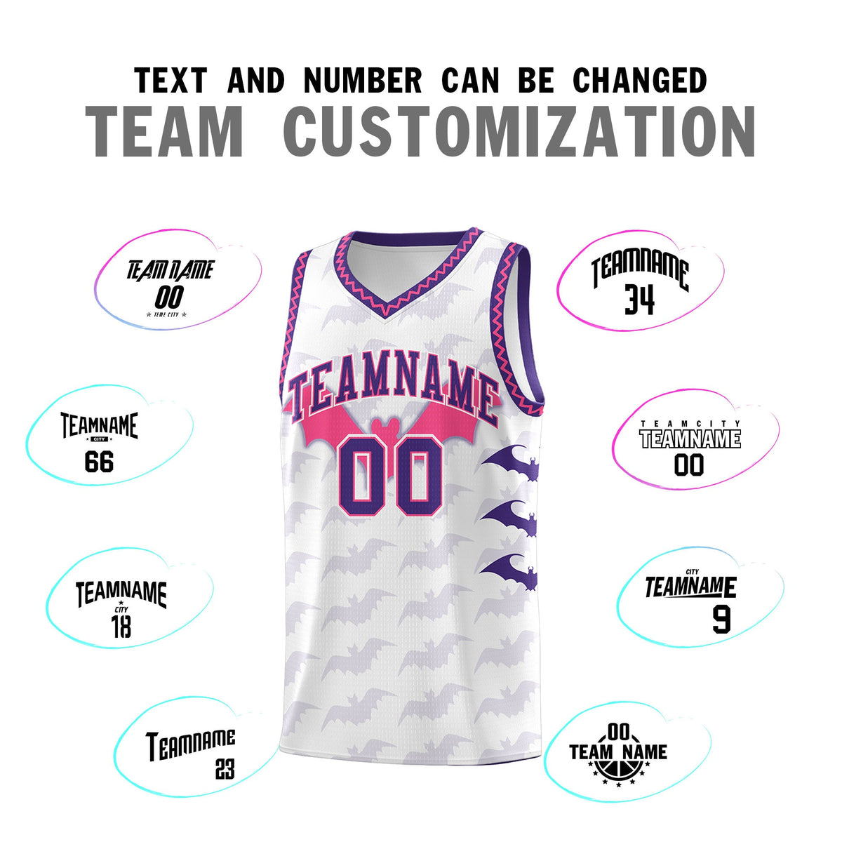 Custom White Pink Purple Bat Pattern Halloween Basketball Jersey | For Men,For Kid,For Youth,Sublimation Printed,Perfect for Training,Perfect for Parties,Add Name and Numbern | KXKSHOP
