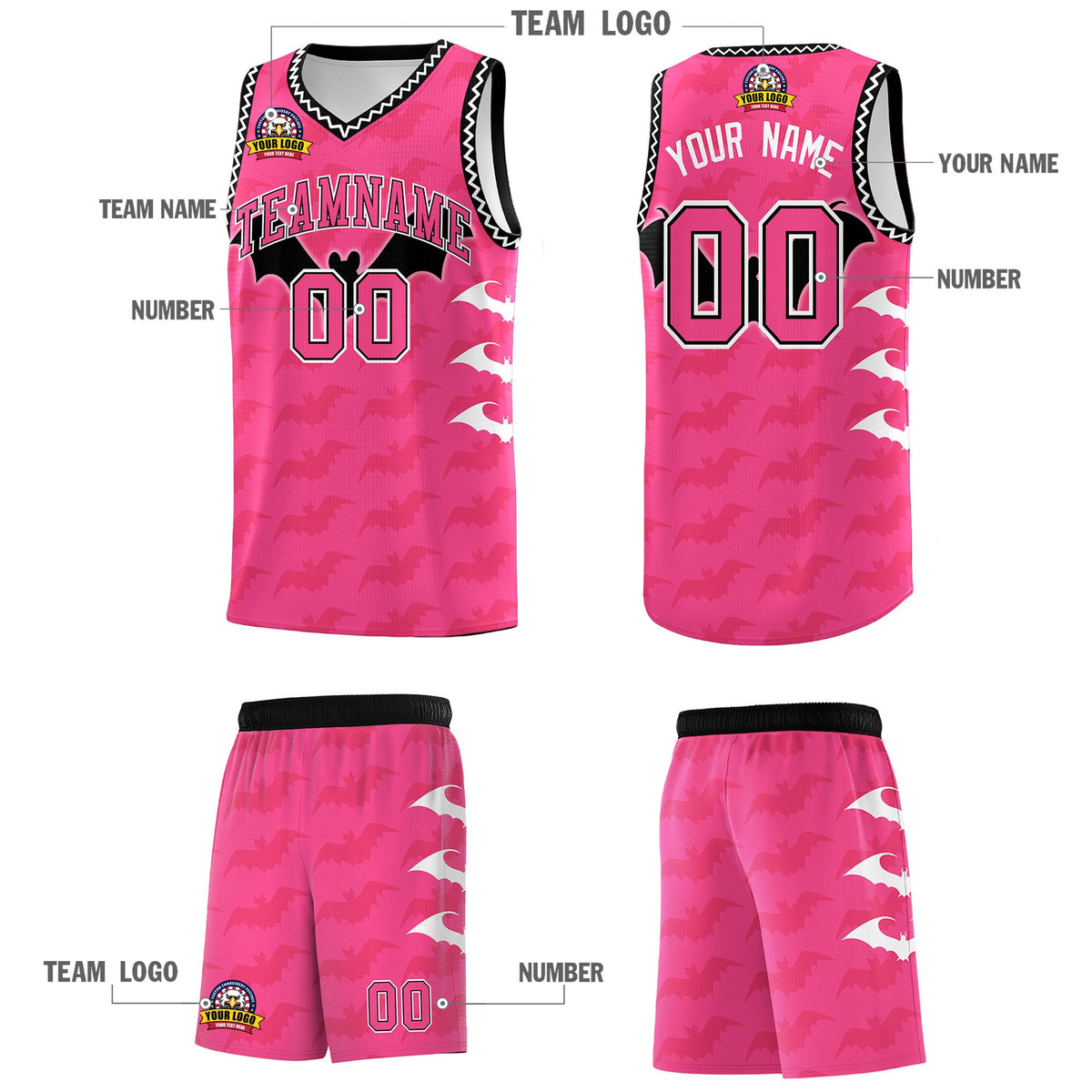 Custom Pink Black White Bat Pattern Halloween Basketball Jersey | For Men,For Kid,For Youth,Sublimation Printed,Perfect for Training,Perfect for Parties,Add Name and Numbern | KXKSHOP