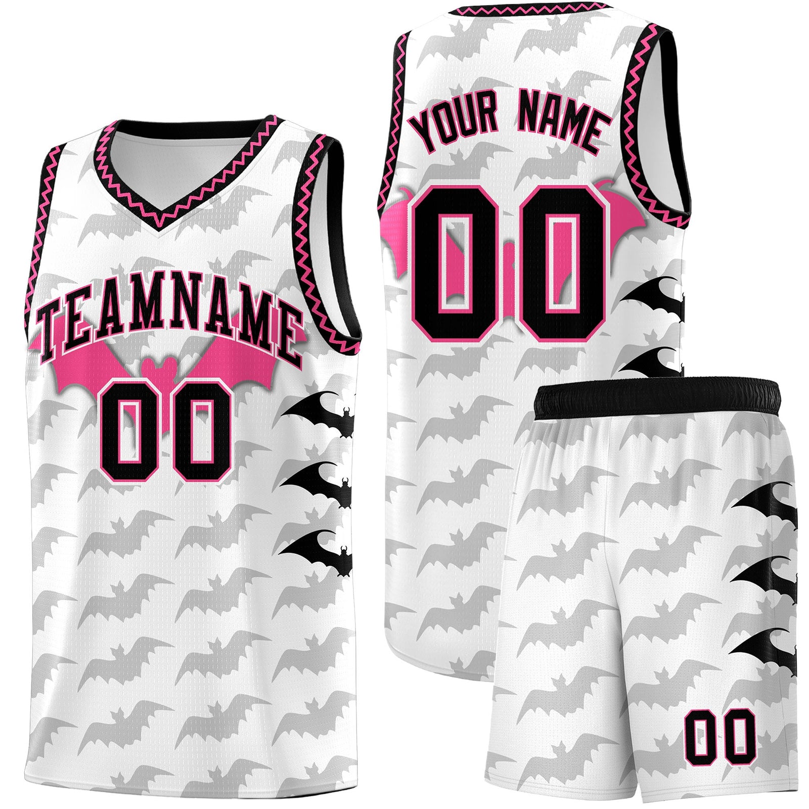 Custom White Black Pink Bat Pattern Halloween Basketball Jersey | For Men,For Kid,For Youth,Sublimation Printed,Perfect for Training,Perfect for Parties,Add Name and Numbern | KXKSHOP