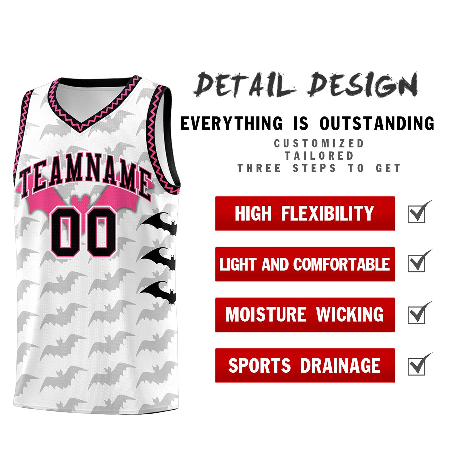 Custom White Black Pink Bat Pattern Halloween Basketball Jersey | For Men,For Kid,For Youth,Sublimation Printed,Perfect for Training,Perfect for Parties,Add Name and Numbern | KXKSHOP