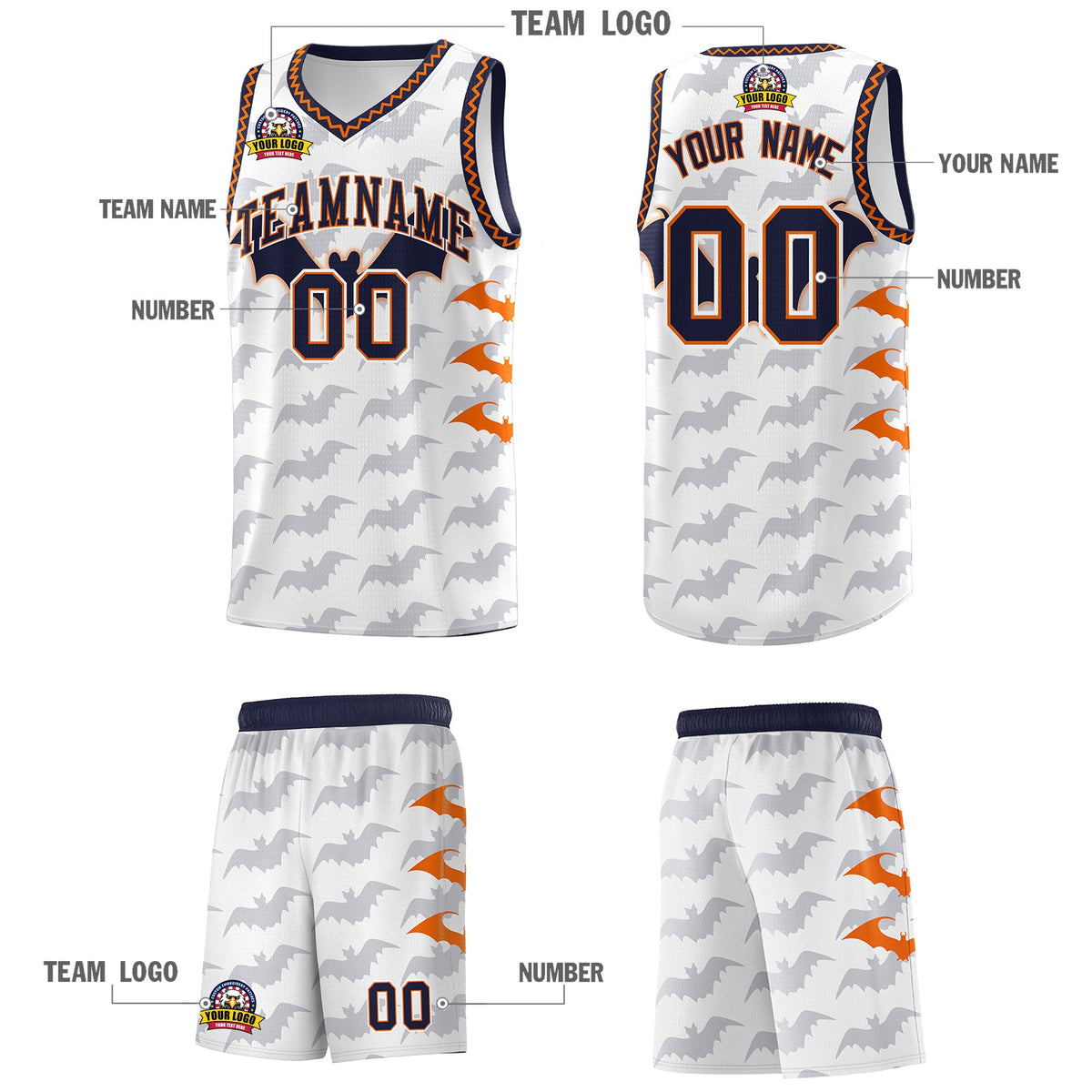 Custom White Orange Navy Bat Pattern Halloween Basketball Jersey | For Men,For Kid,For Youth,Sublimation Printed,Perfect for Training,Perfect for Parties,Add Name and Numbern | KXKSHOP