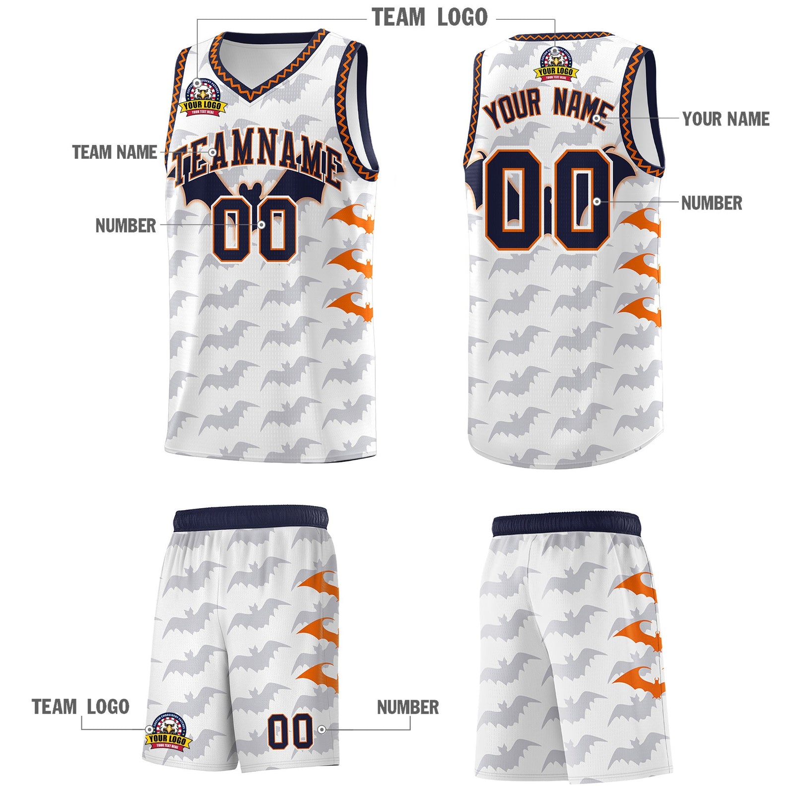 Custom White Orange Navy Bat Pattern Halloween Basketball Jersey | For Men,For Kid,For Youth,Sublimation Printed,Perfect for Training,Perfect for Parties,Add Name and Numbern | KXKSHOP
