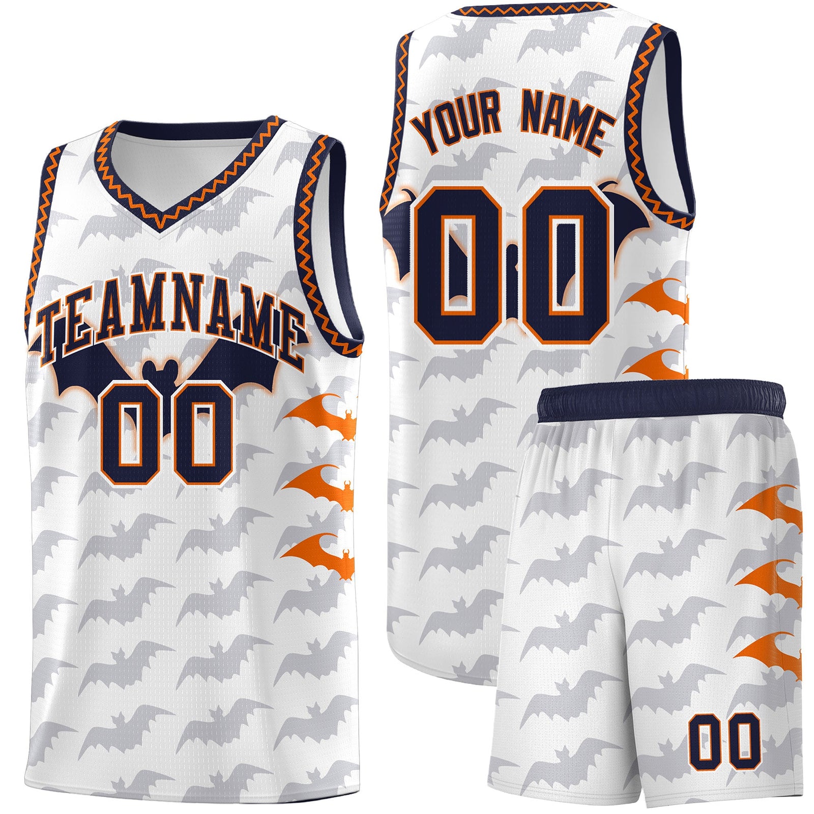 Custom White Orange Navy Bat Pattern Halloween Basketball Jersey | For Men,For Kid,For Youth,Sublimation Printed,Perfect for Training,Perfect for Parties,Add Name and Numbern | KXKSHOP