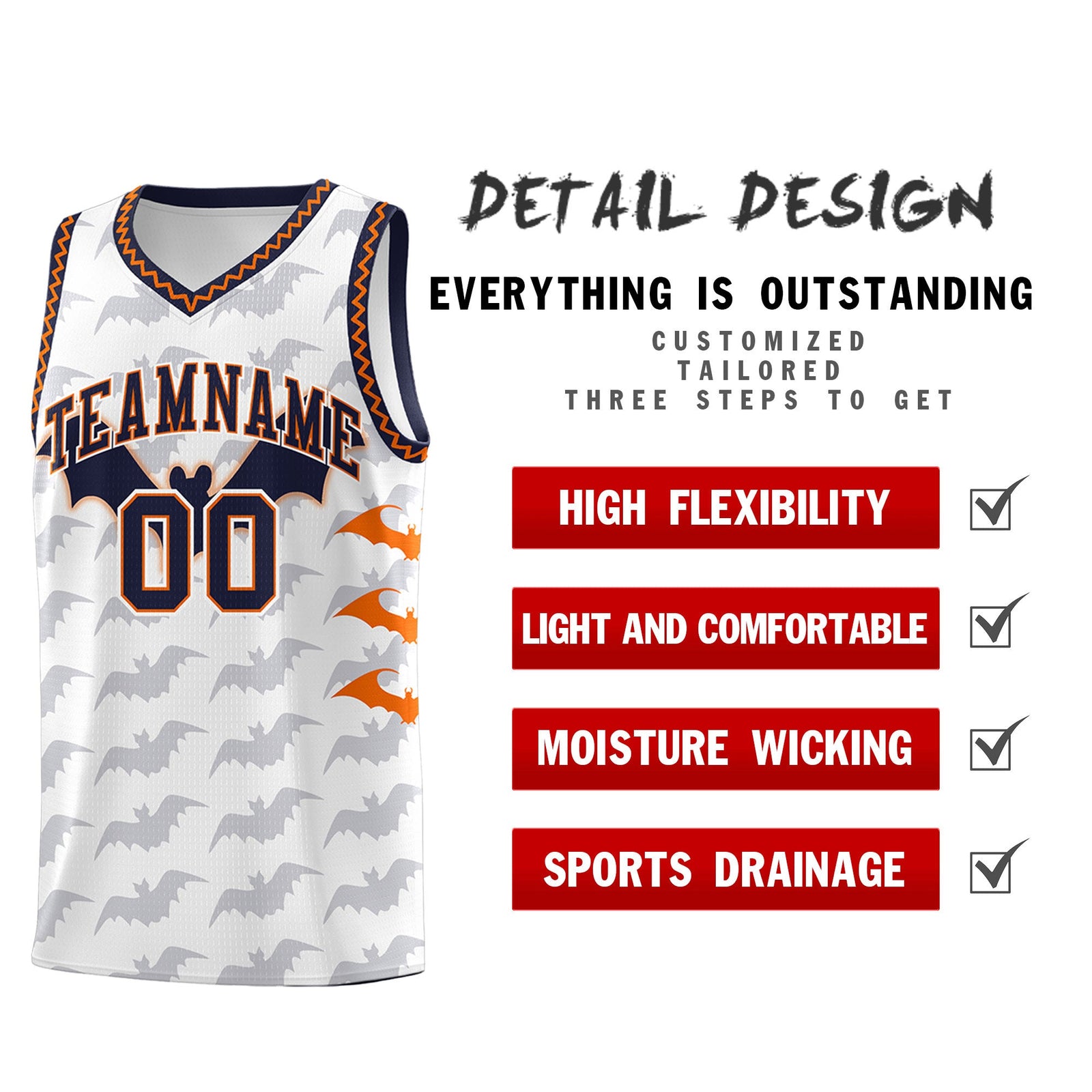Custom White Orange Navy Bat Pattern Halloween Basketball Jersey | For Men,For Kid,For Youth,Sublimation Printed,Perfect for Training,Perfect for Parties,Add Name and Numbern | KXKSHOP
