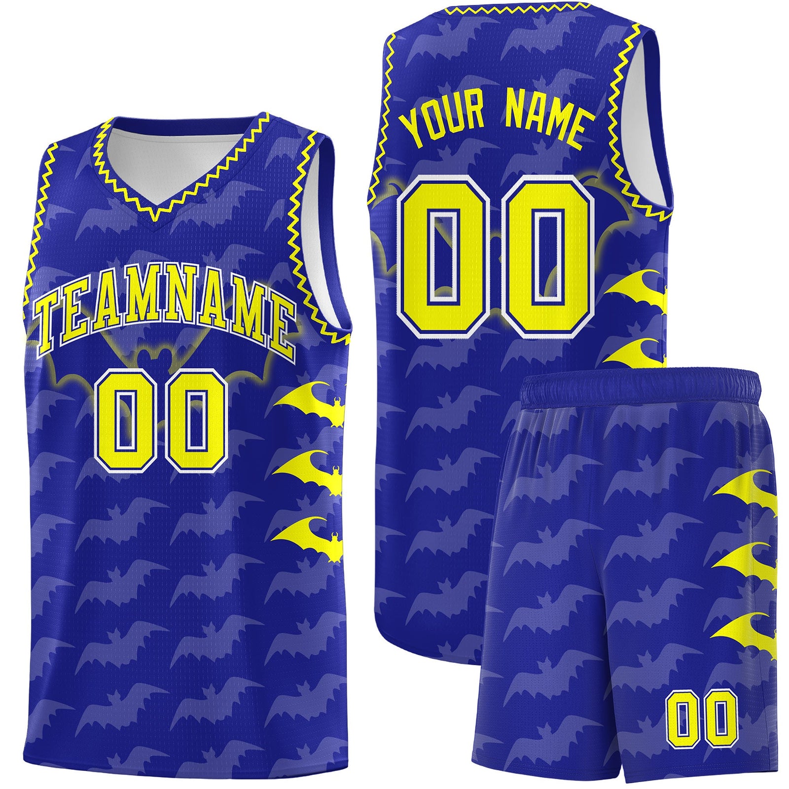 Custom Royal Fluorescent Yellow Bat Pattern Halloween Basketball Jersey | For Men,For Kid,For Youth,Sublimation Printed,Perfect for Training,Perfect for Parties,Add Name and Numbern | KXKSHOP