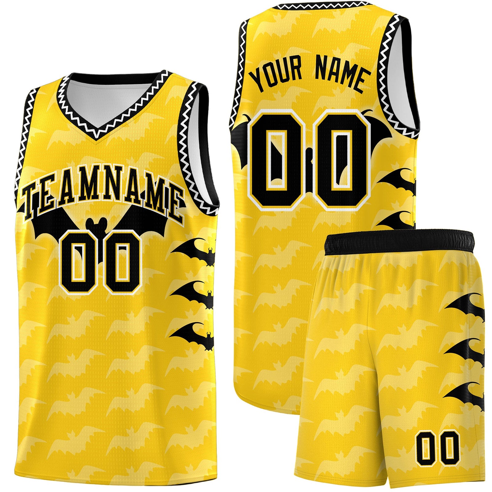Custom Gold White Black Bat Pattern Halloween Basketball Jersey | For Men,For Kid,For Youth,Sublimation Printed,Perfect for Training,Perfect for Parties,Add Name and Numbern | KXKSHOP