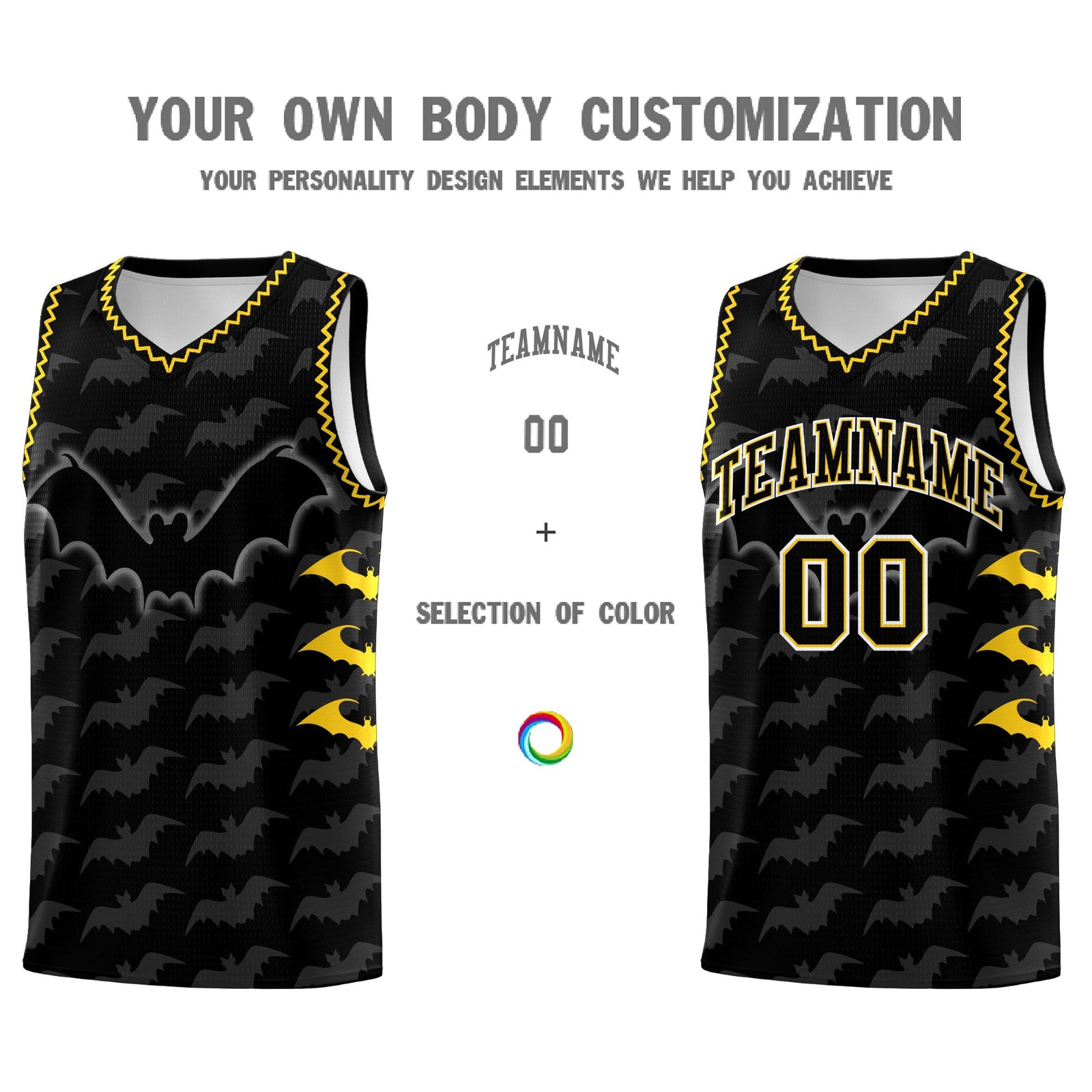 Custom Black Gold Bat Pattern Halloween Basketball Jersey | For Men,For Kid,For Youth,Sublimation Printed,Perfect for Training,Perfect for Parties,Add Name and Numbern | KXKSHOP