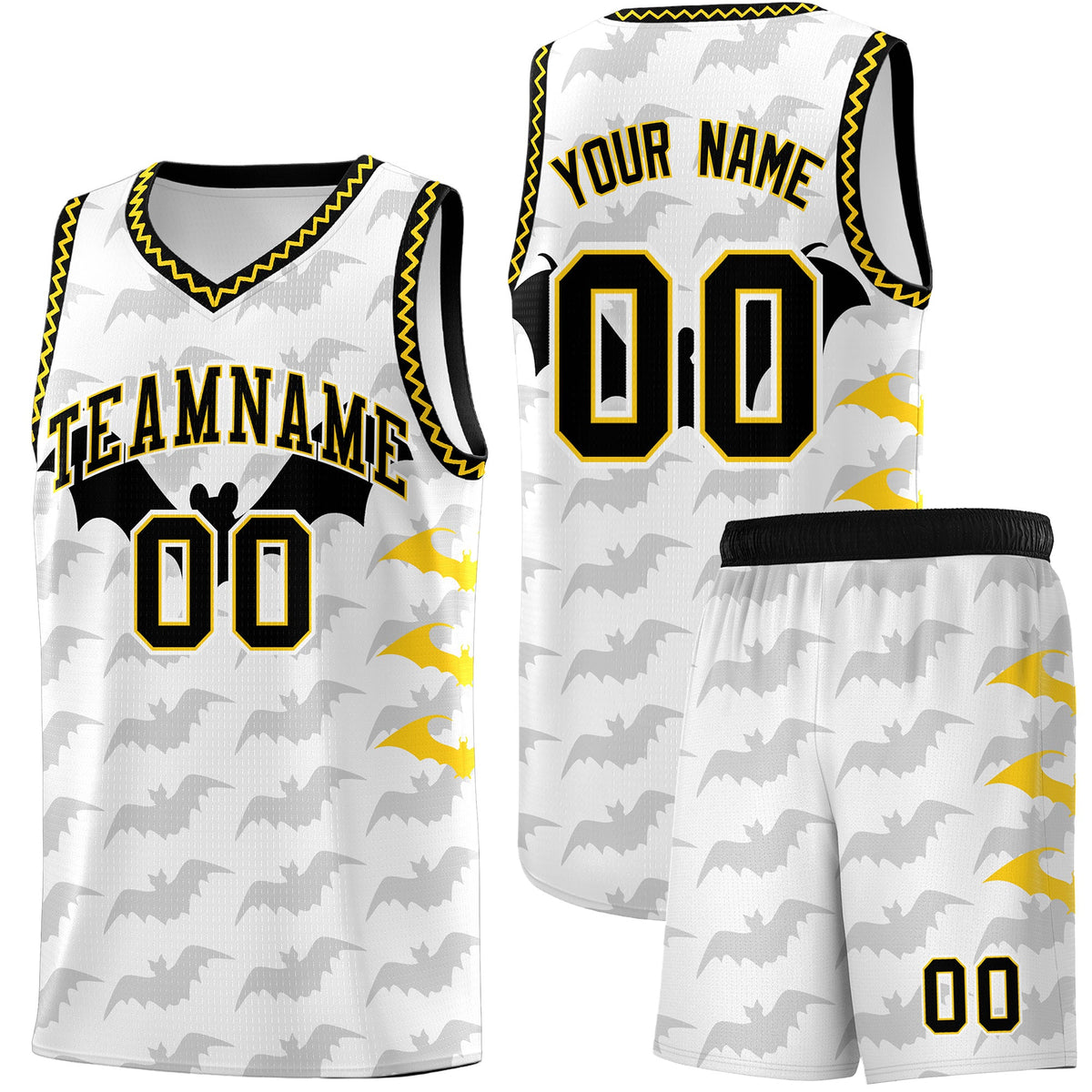 Custom White Gold Black Bat Pattern Halloween Basketball Jersey | For Men,For Kid,For Youth,Sublimation Printed,Perfect for Training,Perfect for Parties,Add Name and Numbern | KXKSHOP