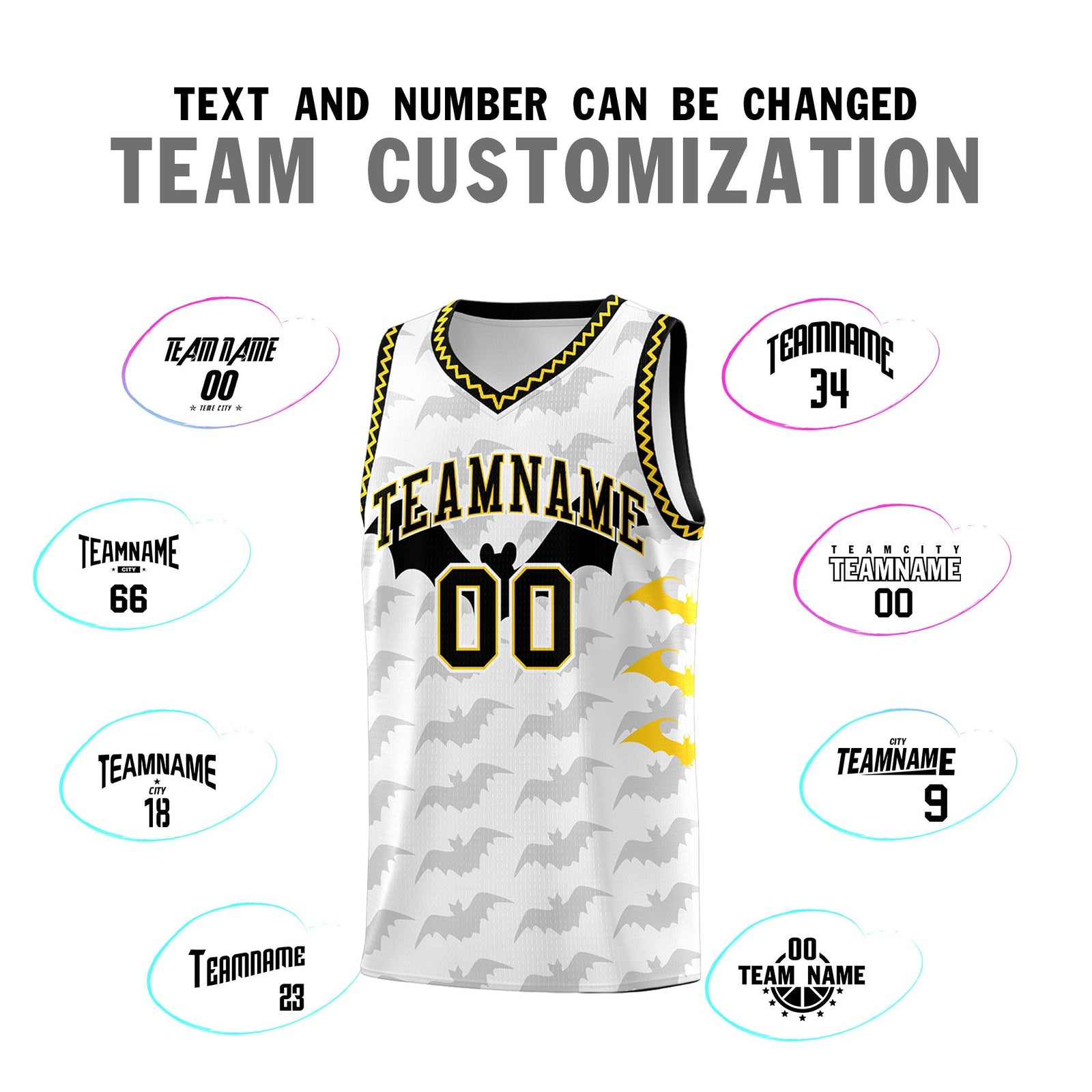 Custom White Gold Black Bat Pattern Halloween Basketball Jersey | For Men,For Kid,For Youth,Sublimation Printed,Perfect for Training,Perfect for Parties,Add Name and Numbern | KXKSHOP
