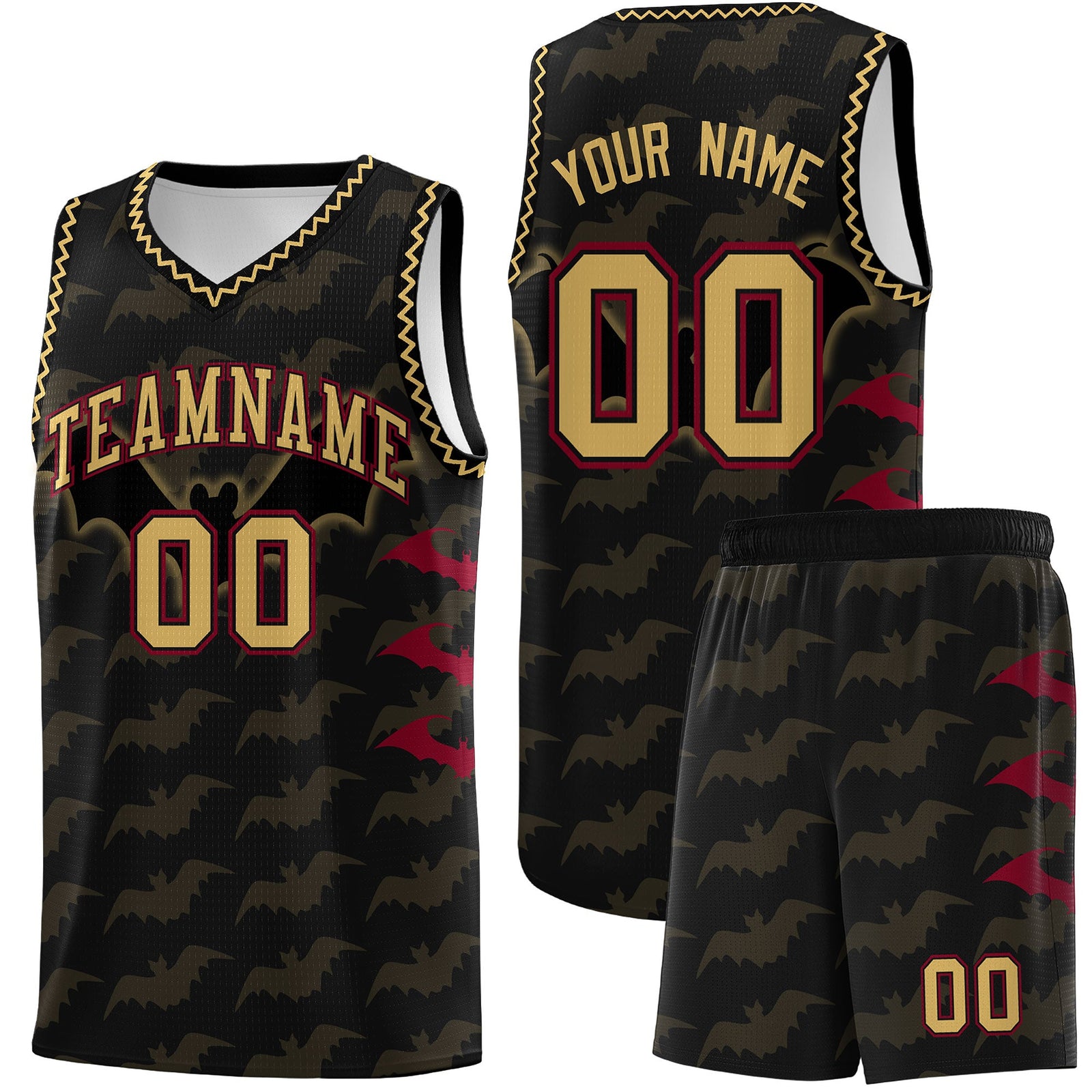 Custom Black Old Gold Crimson Bat Pattern Halloween Basketball Jersey | For Men,For Kid,For Youth,Sublimation Printed,Perfect for Training,Perfect for Parties,Add Name and Numbern | KXKSHOP