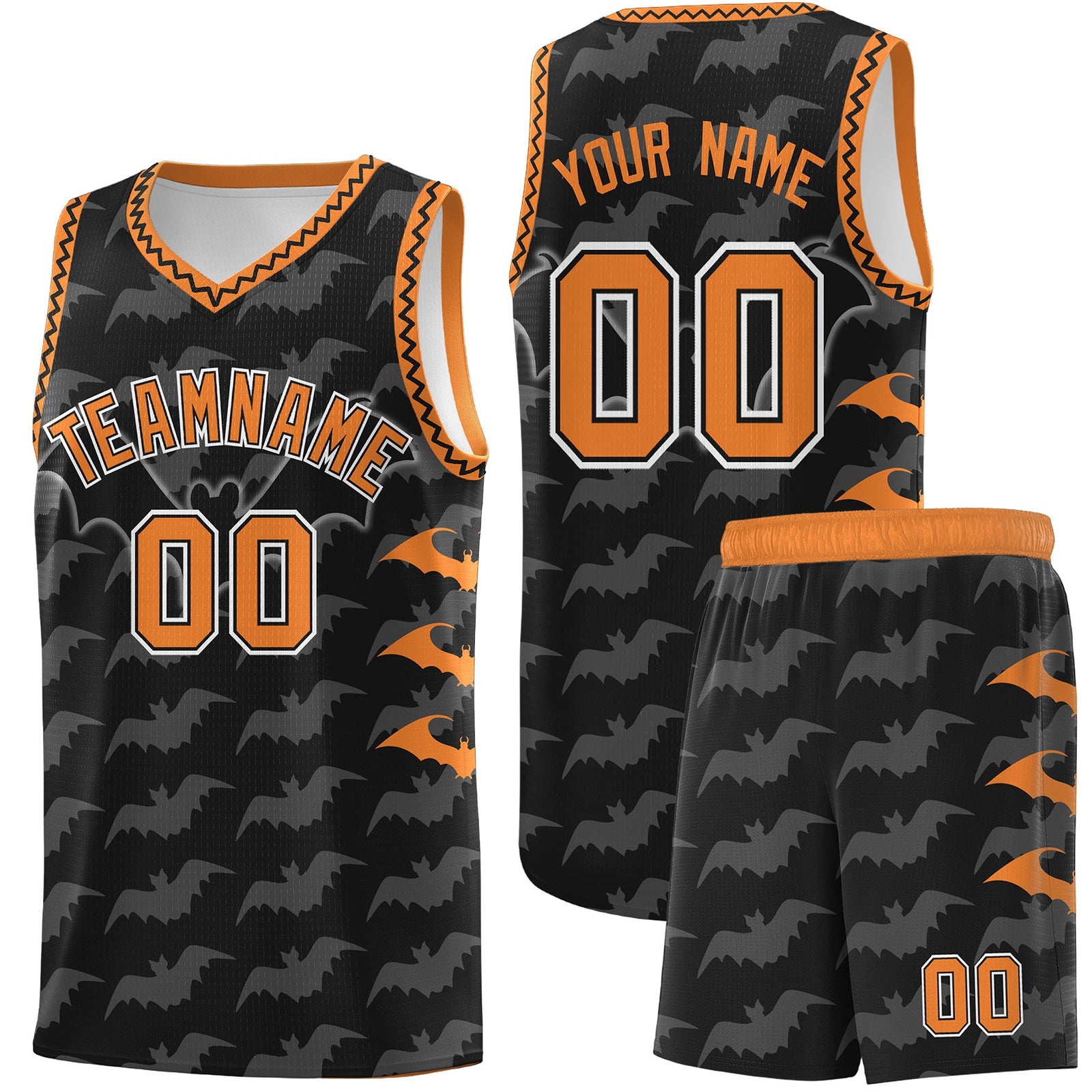 Custom Black Gold Orange Bat Pattern Halloween Basketball Jersey | For Men,For Kid,For Youth,Sublimation Printed,Perfect for Training,Perfect for Parties,Add Name and Numbern | KXKSHOP