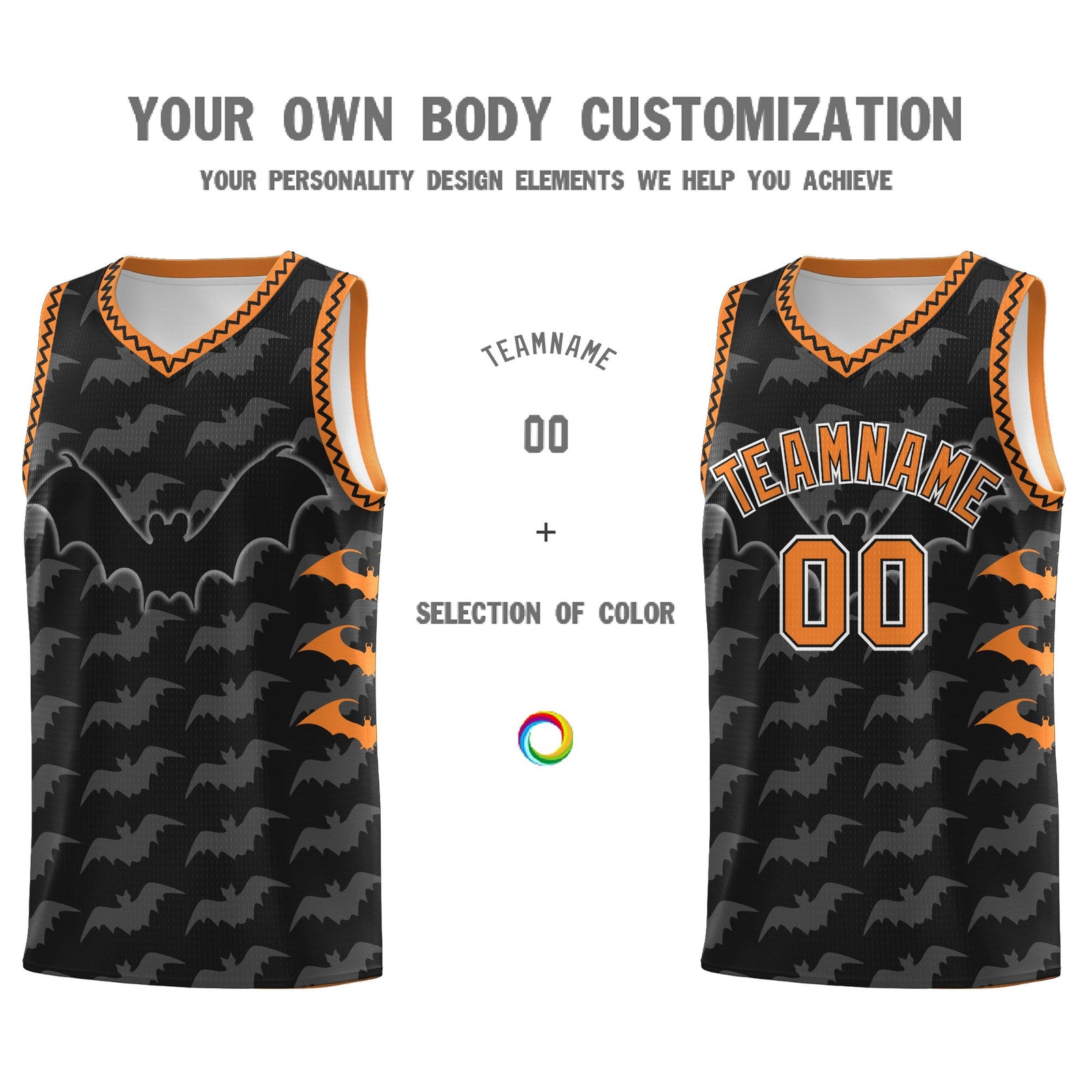 Custom Black Gold Orange Bat Pattern Halloween Basketball Jersey | For Men,For Kid,For Youth,Sublimation Printed,Perfect for Training,Perfect for Parties,Add Name and Numbern | KXKSHOP