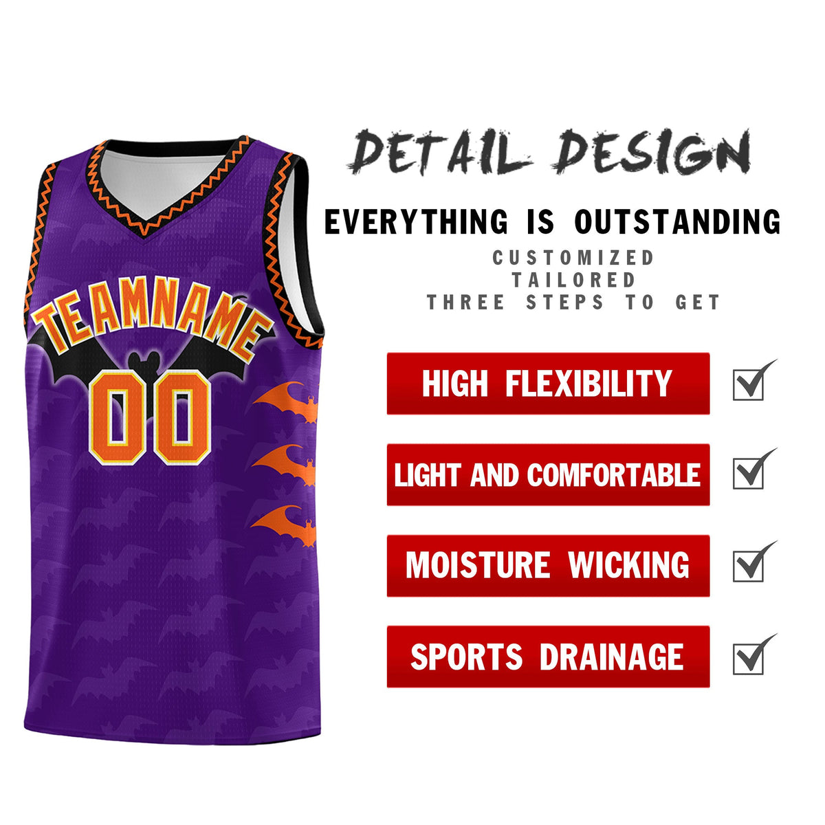 Custom Purple Orange Bat Pattern Halloween Basketball Jersey | For Men,For Kid,For Youth,Sublimation Printed,Perfect for Training,Perfect for Parties,Add Name and Numbern | KXKSHOP