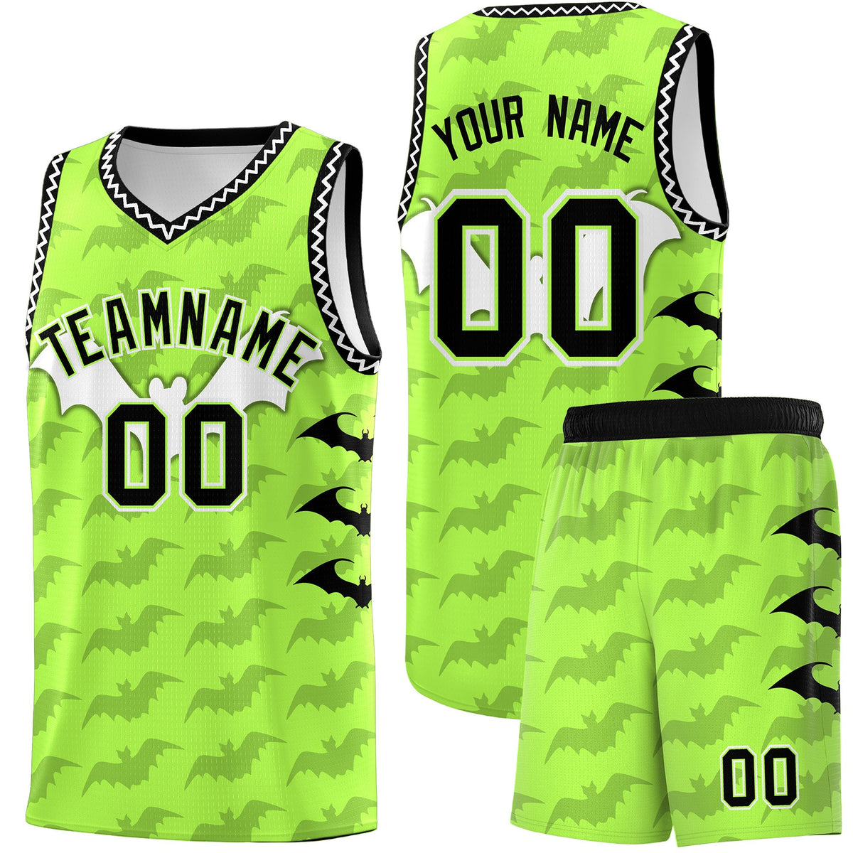 Custom Fluorescent Green White Bat Pattern Halloween Basketball Jersey | For Men,For Kid,For Youth,Sublimation Printed,Perfect for Training,Perfect for Parties,Add Name and Numbern | KXKSHOP