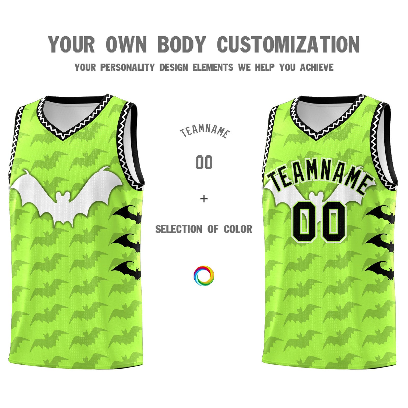 Custom Fluorescent Green White Bat Pattern Halloween Basketball Jersey | For Men,For Kid,For Youth,Sublimation Printed,Perfect for Training,Perfect for Parties,Add Name and Numbern | KXKSHOP