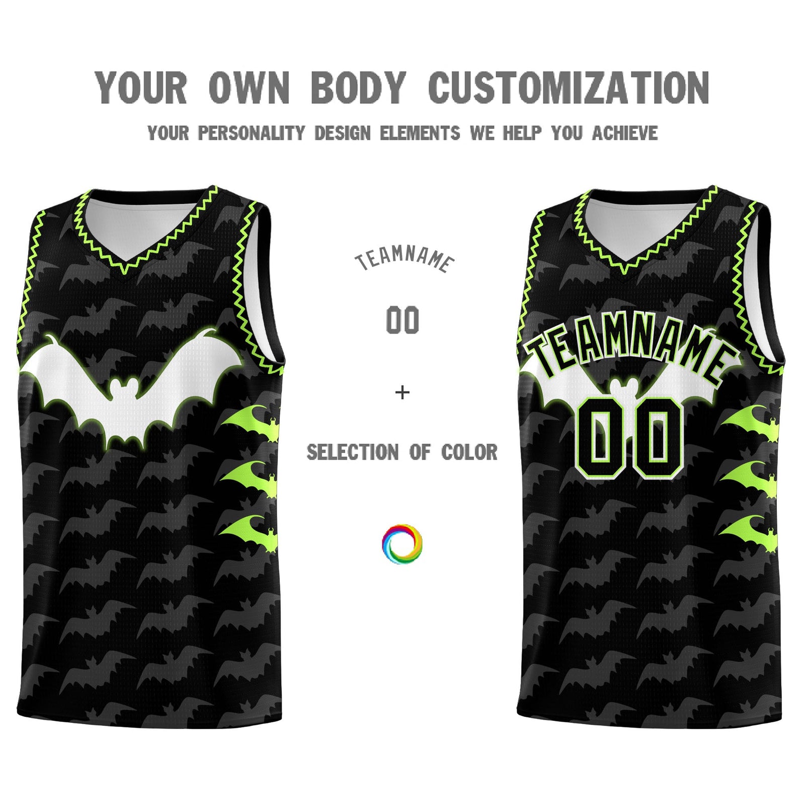 Custom Black Fluorescent Green Bat Pattern Halloween Basketball Jersey | For Men,For Kid,For Youth,Sublimation Printed,Perfect for Training,Perfect for Parties,Add Name and Numbern | KXKSHOP