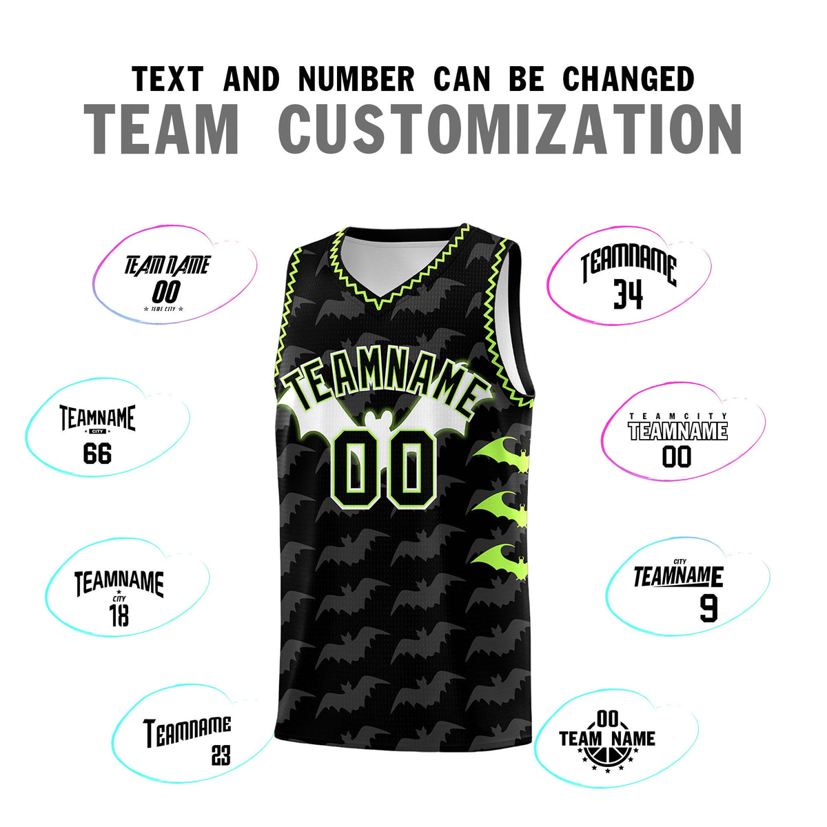 Custom Black Fluorescent Green Bat Pattern Halloween Basketball Jersey | For Men,For Kid,For Youth,Sublimation Printed,Perfect for Training,Perfect for Parties,Add Name and Numbern | KXKSHOP