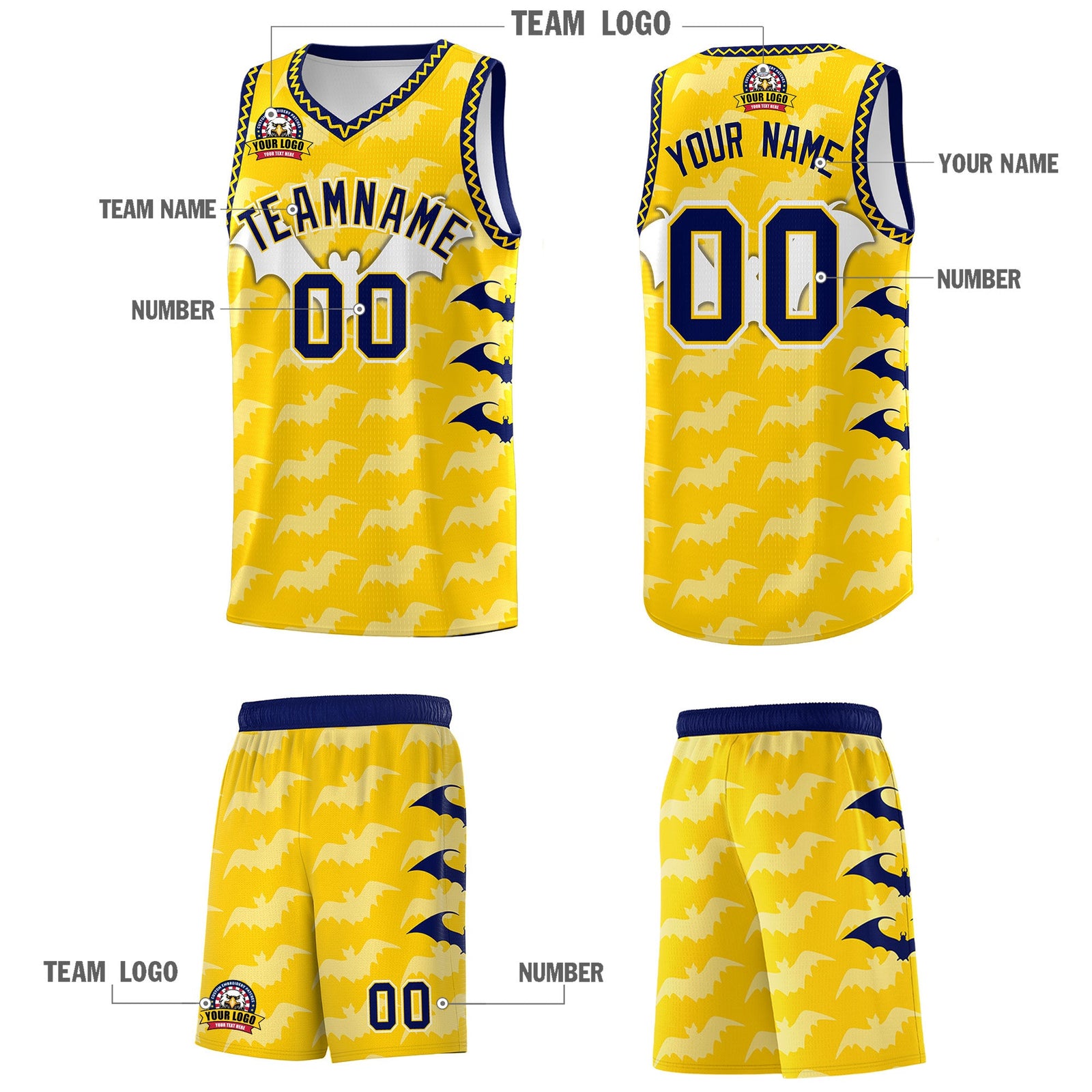 Custom Gold White Navy Bat Pattern Halloween Basketball Jersey | For Men,For Kid,For Youth,Sublimation Printed,Perfect for Training,Perfect for Parties,Add Name and Numbern | KXKSHOP
