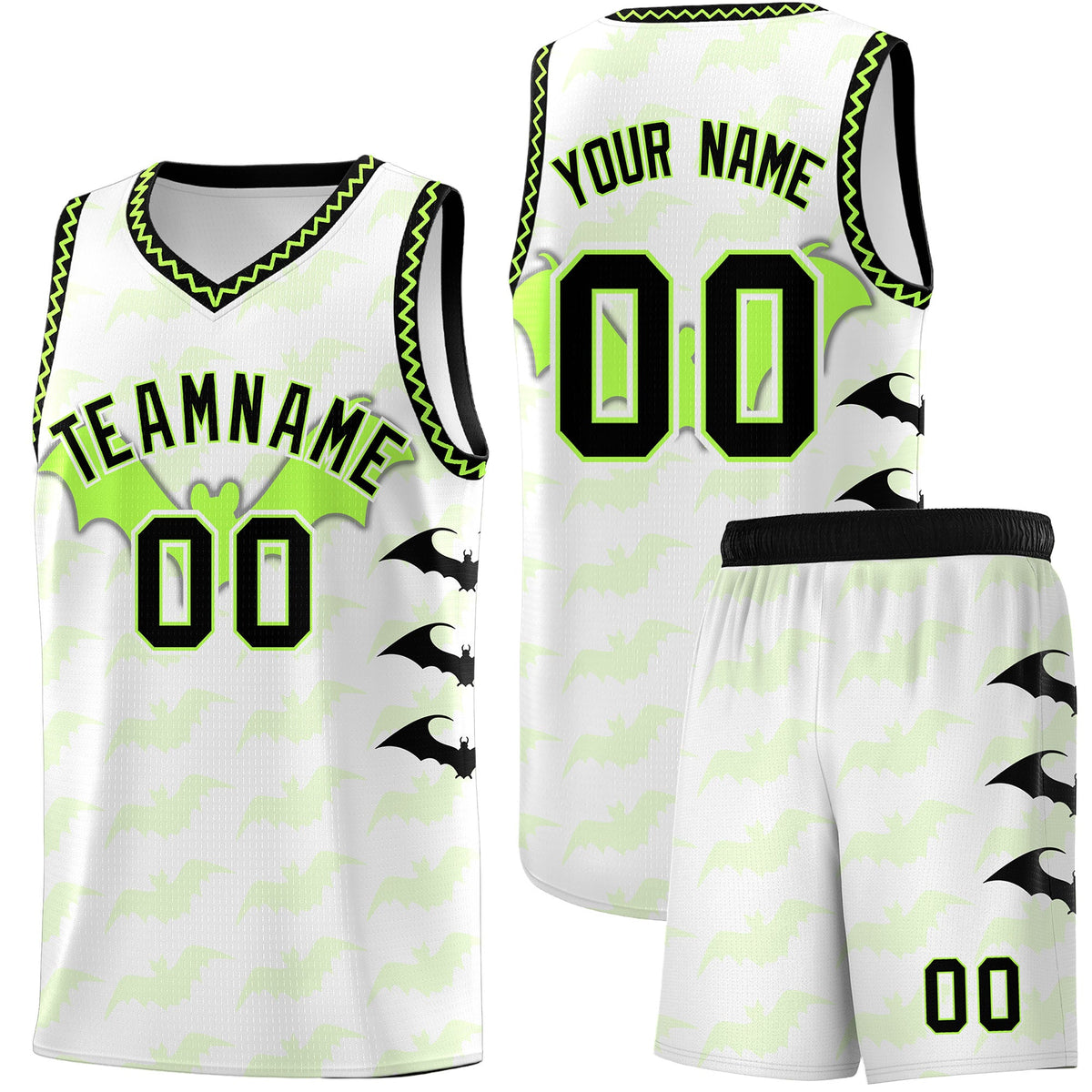 Custom White Fluorescent Green Black Bat Pattern Halloween Basketball Jersey | For Men,For Kid,For Youth,Sublimation Printed,Perfect for Training,Perfect for Parties,Add Name and Numbern | KXKSHOP