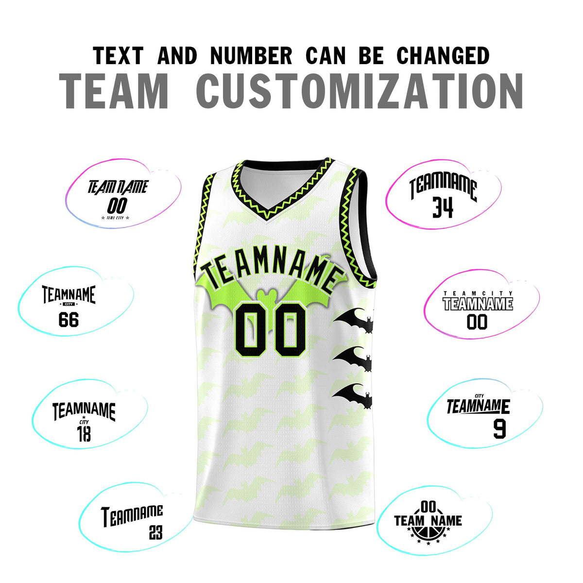 Custom White Fluorescent Green Black Bat Pattern Halloween Basketball Jersey | For Men,For Kid,For Youth,Sublimation Printed,Perfect for Training,Perfect for Parties,Add Name and Numbern | KXKSHOP