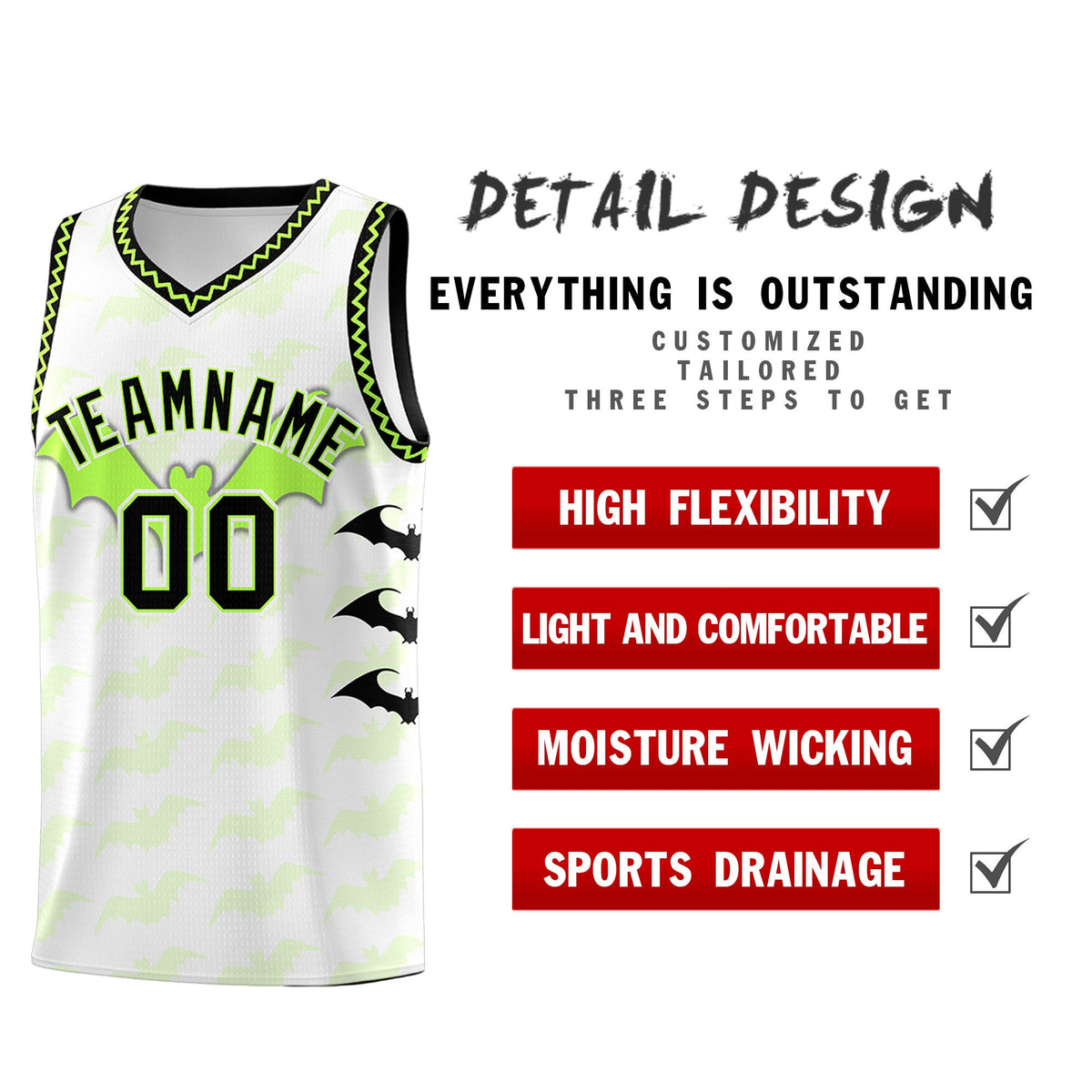 Custom White Fluorescent Green Black Bat Pattern Halloween Basketball Jersey | For Men,For Kid,For Youth,Sublimation Printed,Perfect for Training,Perfect for Parties,Add Name and Numbern | KXKSHOP