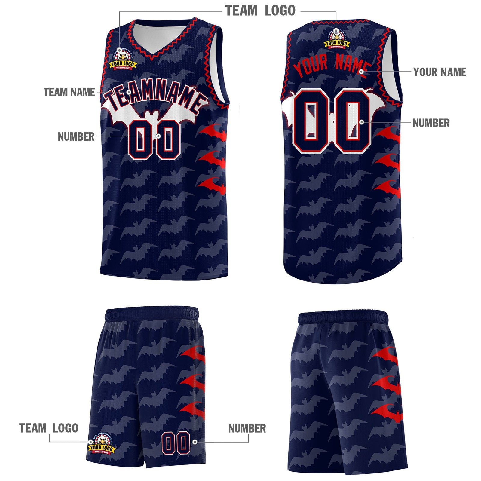 Custom Navy Red Bat Pattern Halloween Basketball Jersey | For Men,For Kid,For Youth,Sublimation Printed,Perfect for Training,Perfect for Parties,Add Name and Numbern | KXKSHOP