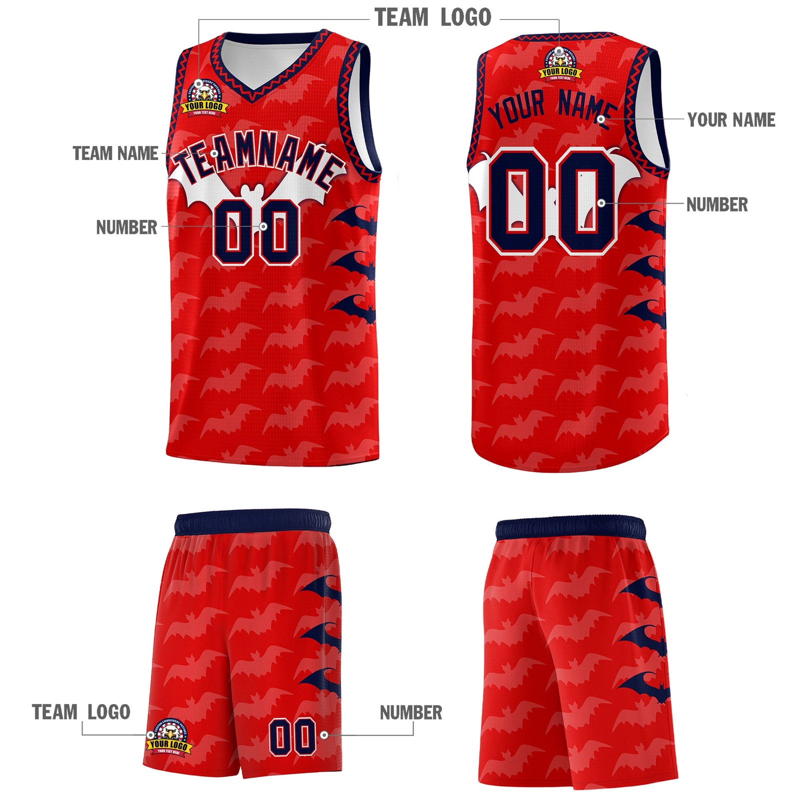 Custom Red White Navy Bat Pattern Halloween Basketball Jersey | For Men,For Kid,For Youth,Sublimation Printed,Perfect for Training,Perfect for Parties,Add Name and Numbern | KXKSHOP