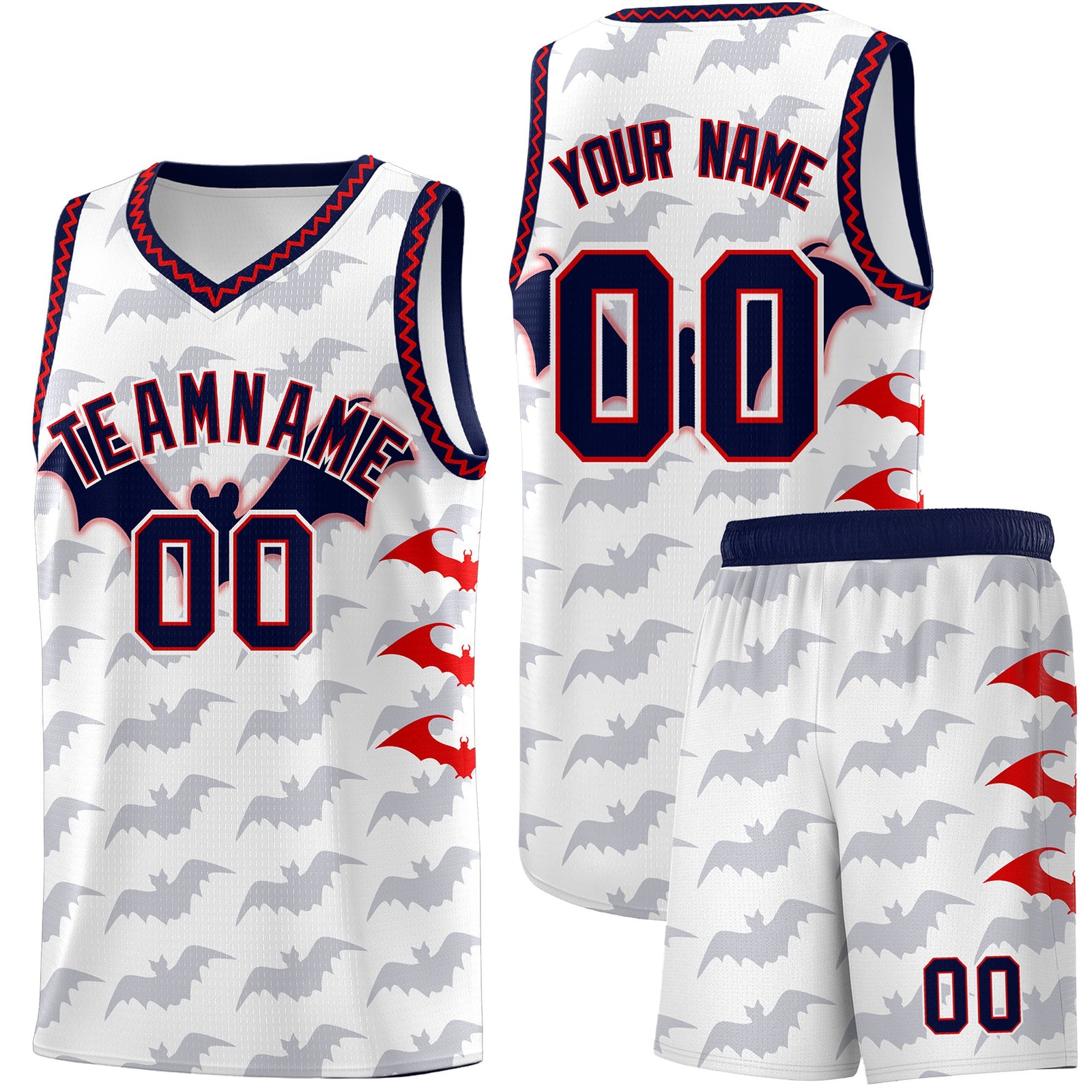 Custom White Red Navy Bat Pattern Halloween Basketball Jersey | For Men,For Kid,For Youth,Sublimation Printed,Perfect for Training,Perfect for Parties,Add Name and Numbern | KXKSHOP