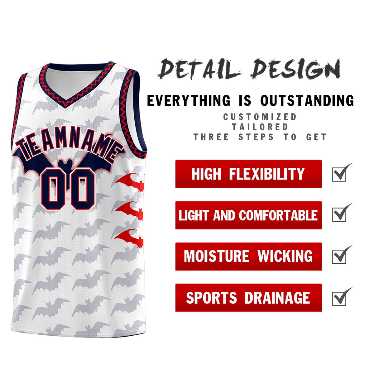 Custom White Red Navy Bat Pattern Halloween Basketball Jersey | For Men,For Kid,For Youth,Sublimation Printed,Perfect for Training,Perfect for Parties,Add Name and Numbern | KXKSHOP