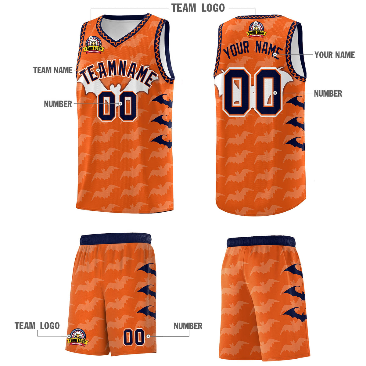 Custom Orange Navy Bat Pattern Halloween Basketball Jersey | For Men,For Kid,For Youth,Sublimation Printed,Perfect for Training,Perfect for Parties,Add Name and Numbern | KXKSHOP