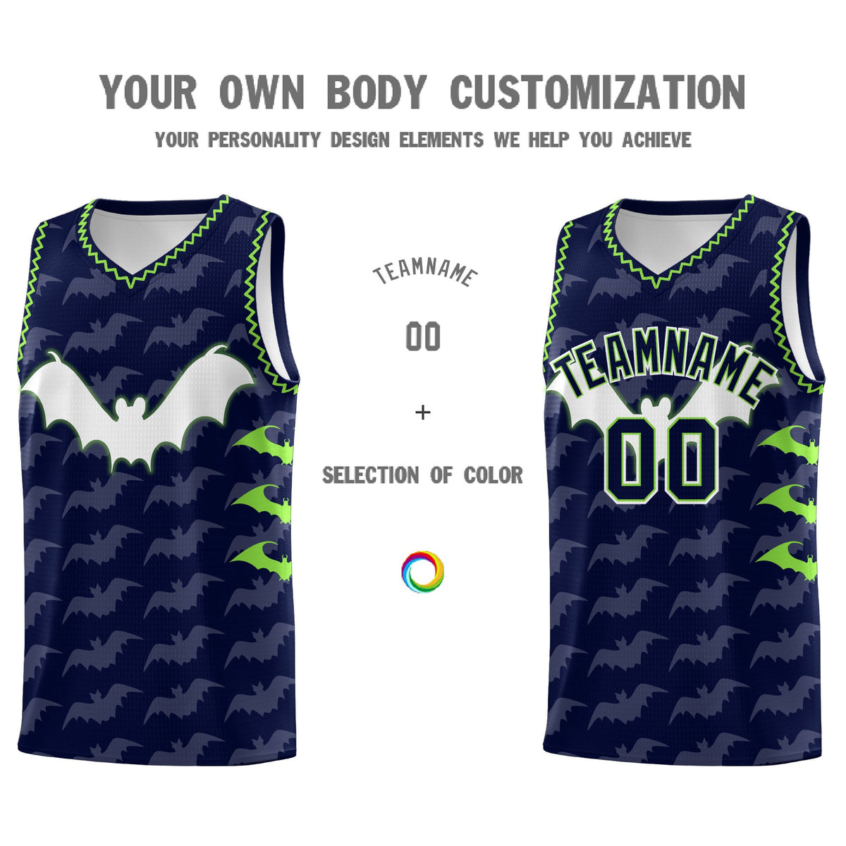 Custom Navy Fluorescent Green Bat Pattern Halloween Basketball Jersey | For Men,For Kid,For Youth,Sublimation Printed,Perfect for Training,Perfect for Parties,Add Name and Numbern | KXKSHOP