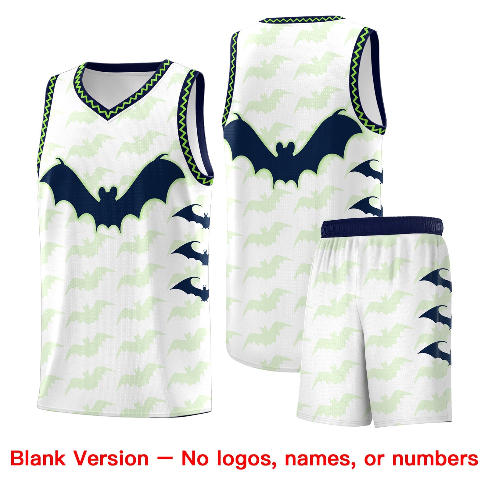 Custom White Fluorescent Green Navy Bat Pattern Halloween Basketball Jersey | For Men,For Kid,For Youth,Sublimation Printed,Perfect for Training,Perfect for Parties,Add Name and Numbern | KXKSHOP