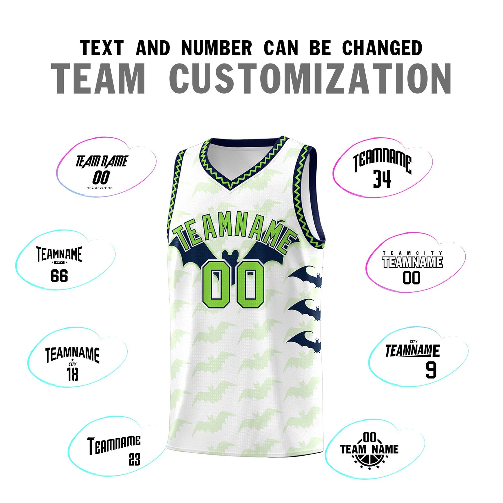 Custom White Fluorescent Green Navy Bat Pattern Halloween Basketball Jersey | For Men,For Kid,For Youth,Sublimation Printed,Perfect for Training,Perfect for Parties,Add Name and Numbern | KXKSHOP