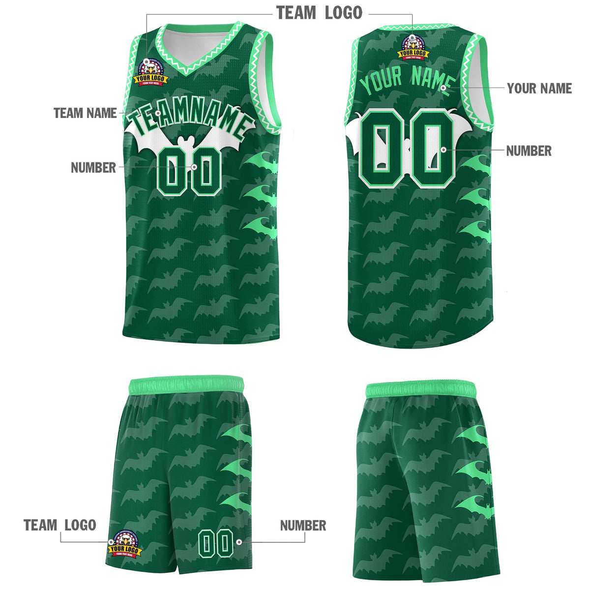 Custom Kelly Green White Green Bat Pattern Halloween Basketball Jersey | For Men,For Kid,For Youth,Sublimation Printed,Perfect for Training,Perfect for Parties,Add Name and Numbern | KXKSHOP