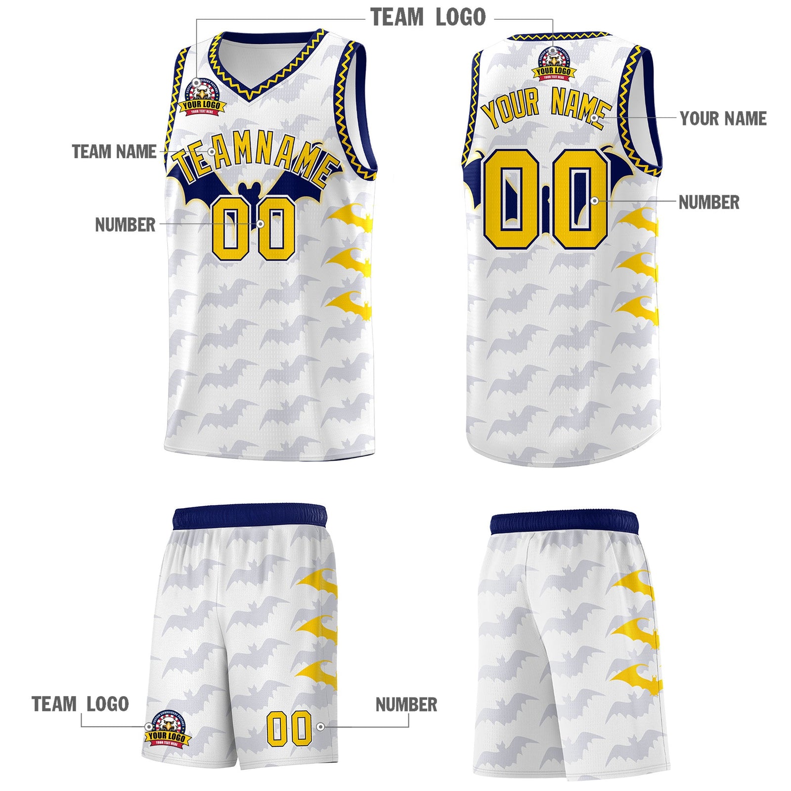 Custom White Gold Navy Bat Pattern Halloween Basketball Jersey | For Men,For Kid,For Youth,Sublimation Printed,Perfect for Training,Perfect for Parties,Add Name and Numbern | KXKSHOP